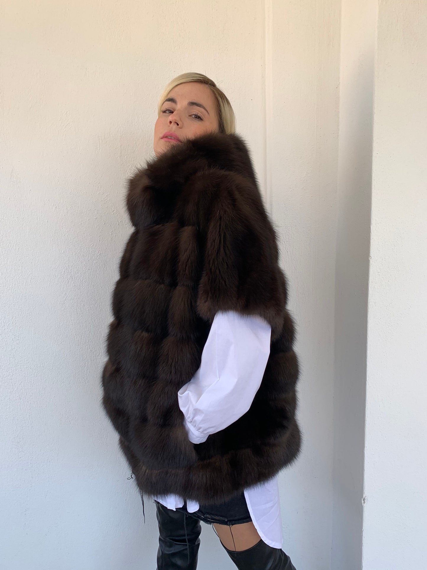 Real Barguzinsky Sable Fur Jacket: Brown Leather Trim Hooded Coat