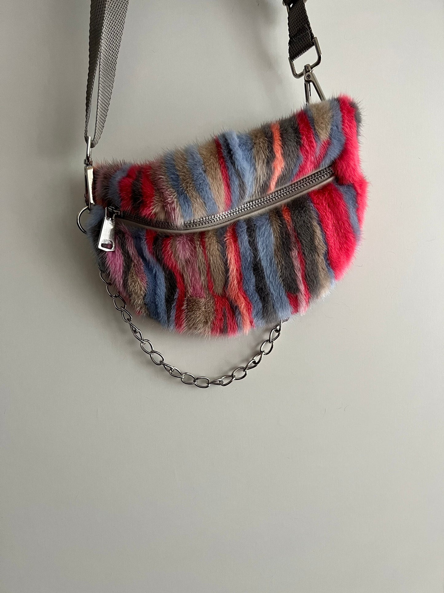 Multicolor Mink Fur Bumbag with Chain: Luxury Fanny Pack