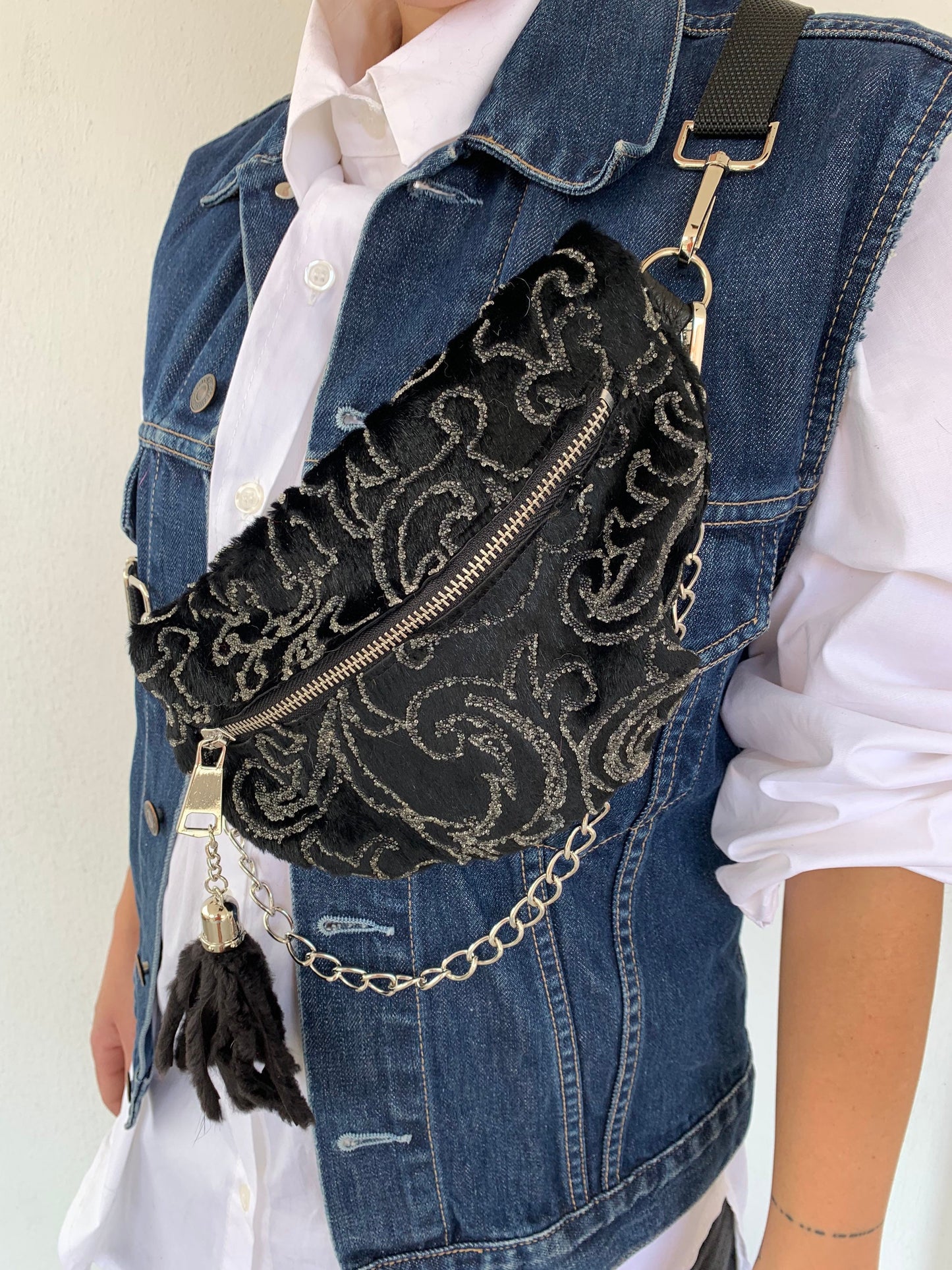 Mink Fur Bumbag with Chain & Tassel: Embroidered Rabbit Fur Fanny Pack