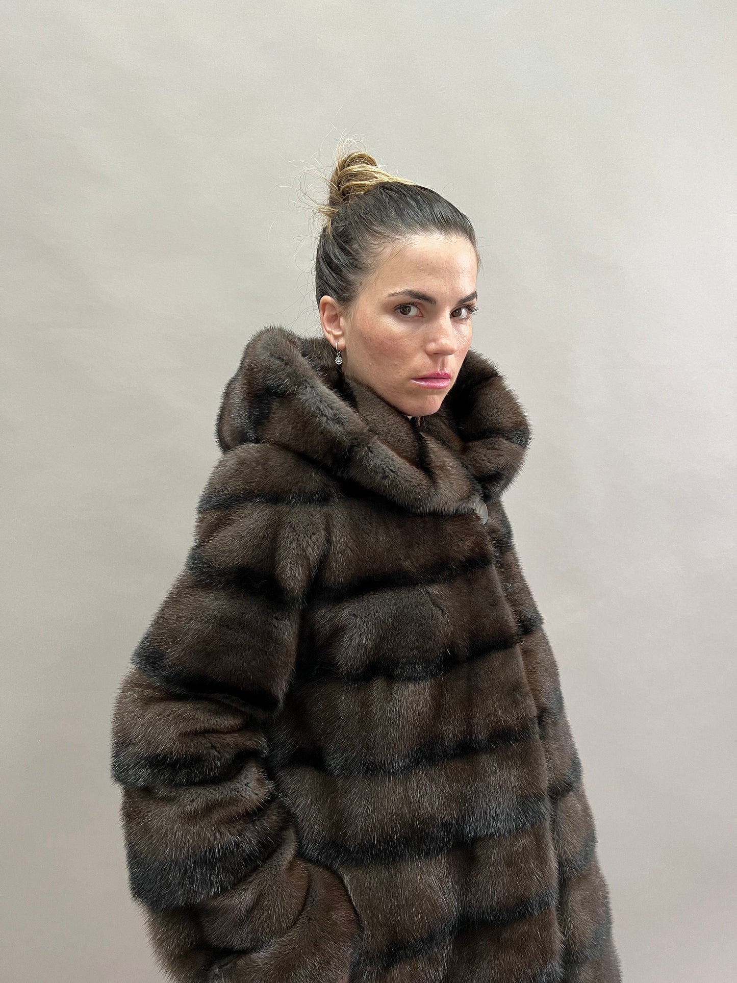 Aurora Brown Mink Fur Hooded Coat: Handmade Luxury Jacket