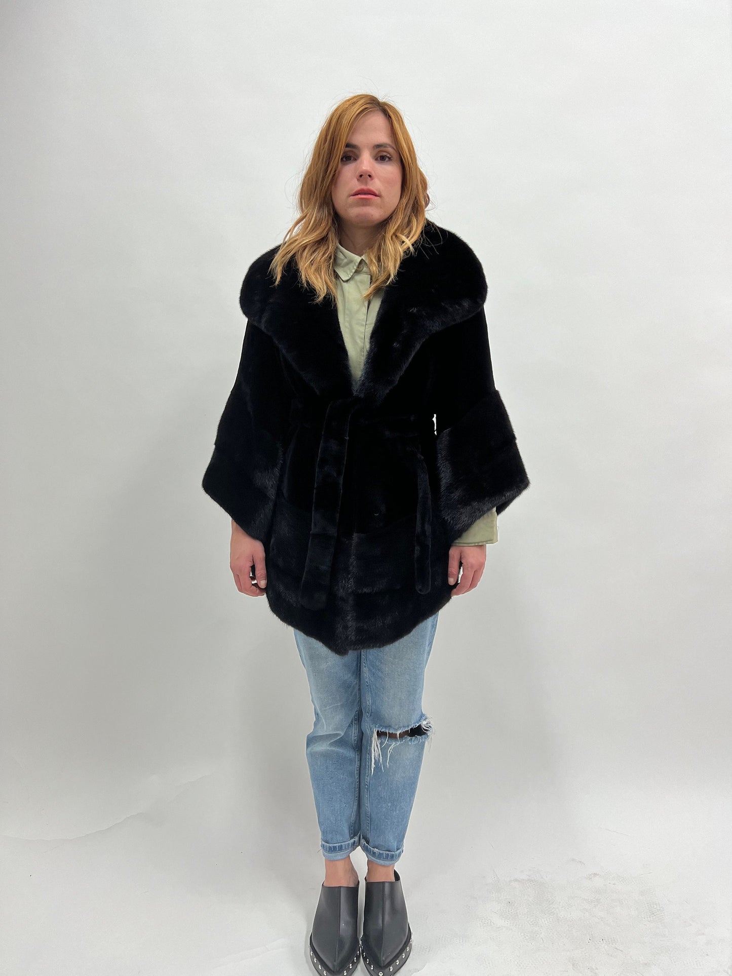 Black Sheared Mink Fur Coat with Belt & Big Collar