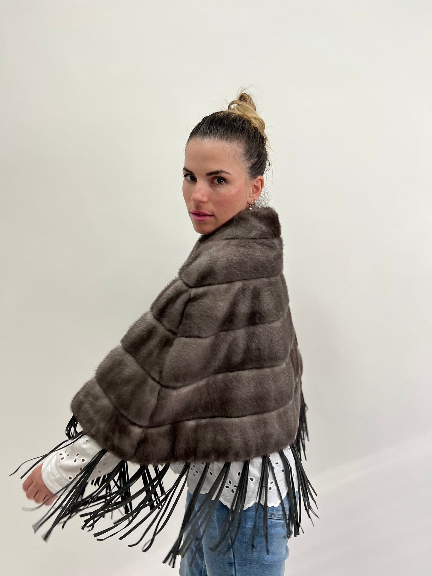 Grey Mink Fur Poncho: Leather Tassel Cape - Saga Blue Iris