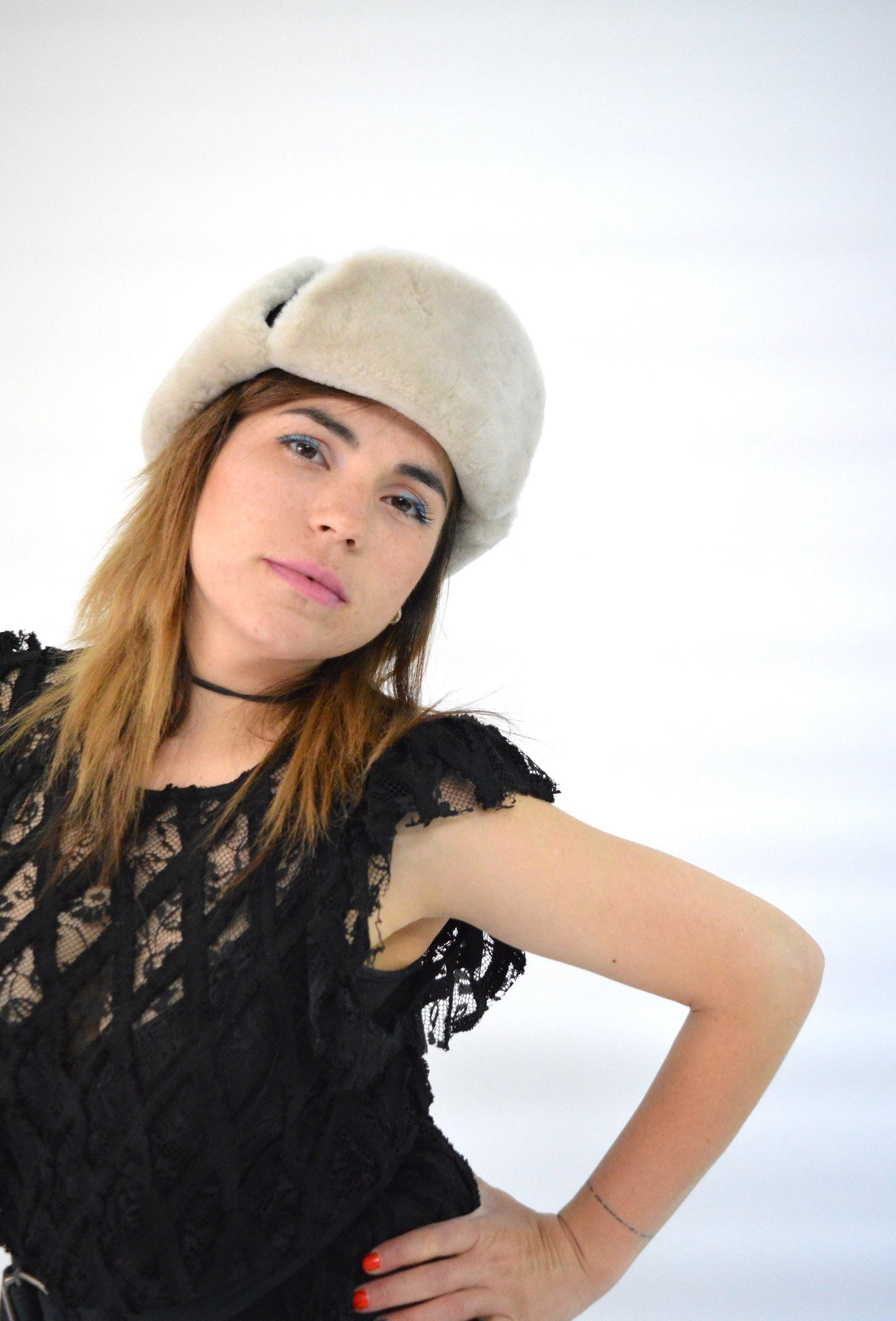 Shearling Fur Trapper Hat: Cream & Bordeaux Sheepskin Aviator Style
