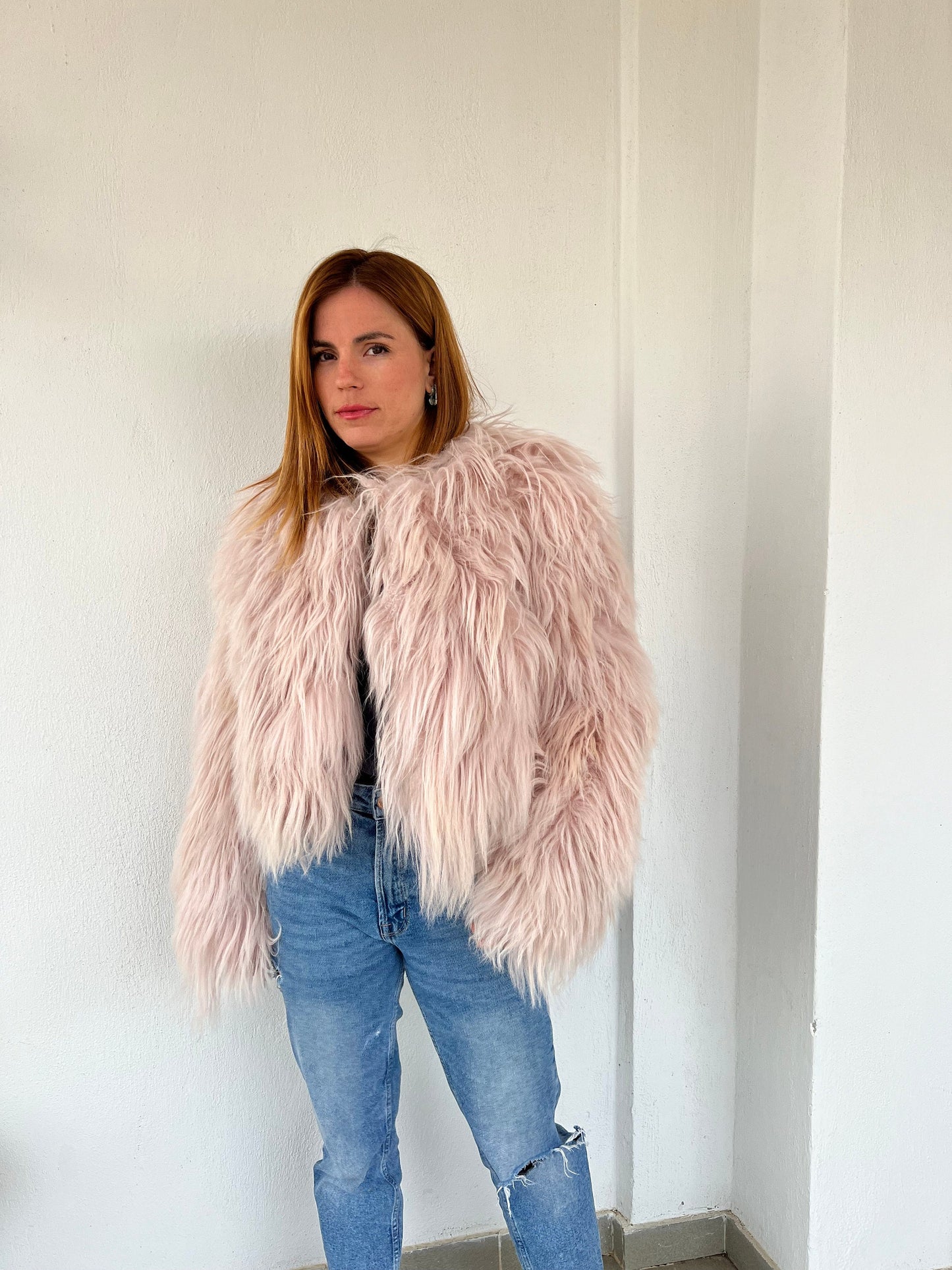 Handmade Mongolian Fur Jacket: Collarless Dusty Rose Sheepskin