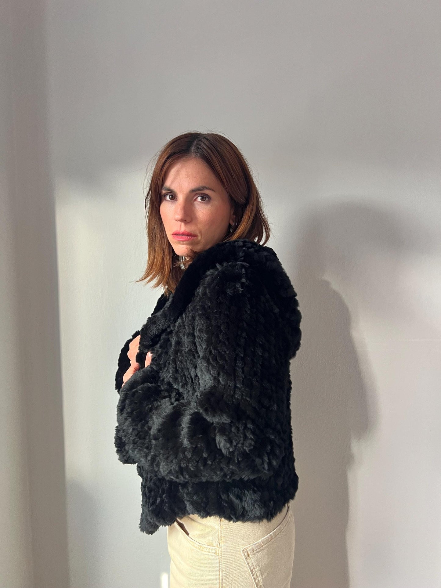 Handwoven Black Rabbit Fur Hooded Jacket - Frog Closure
