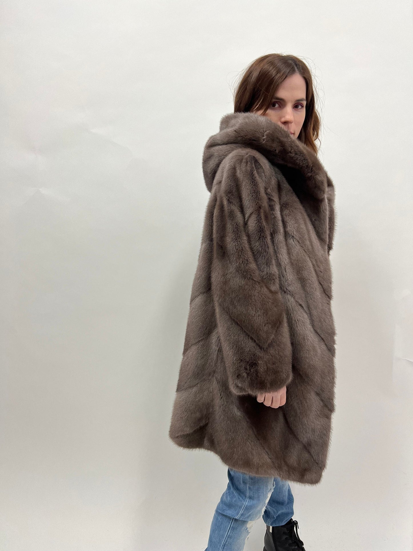 Cloud Mink Fur Hooded Coat: Warm Grey Diagonal Jacket