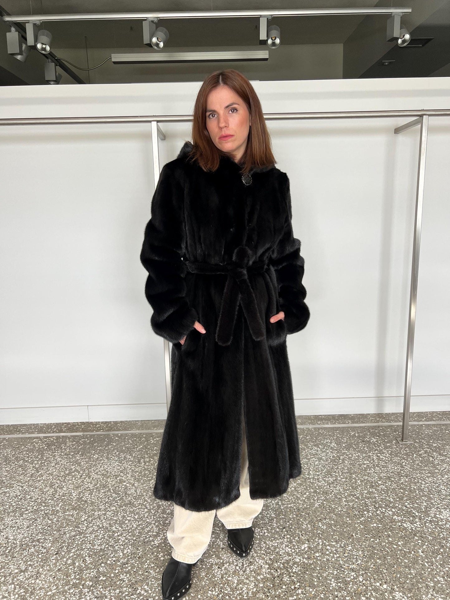 Handmade Black Mink Fur Coat: Hooded Godet Style, Belted