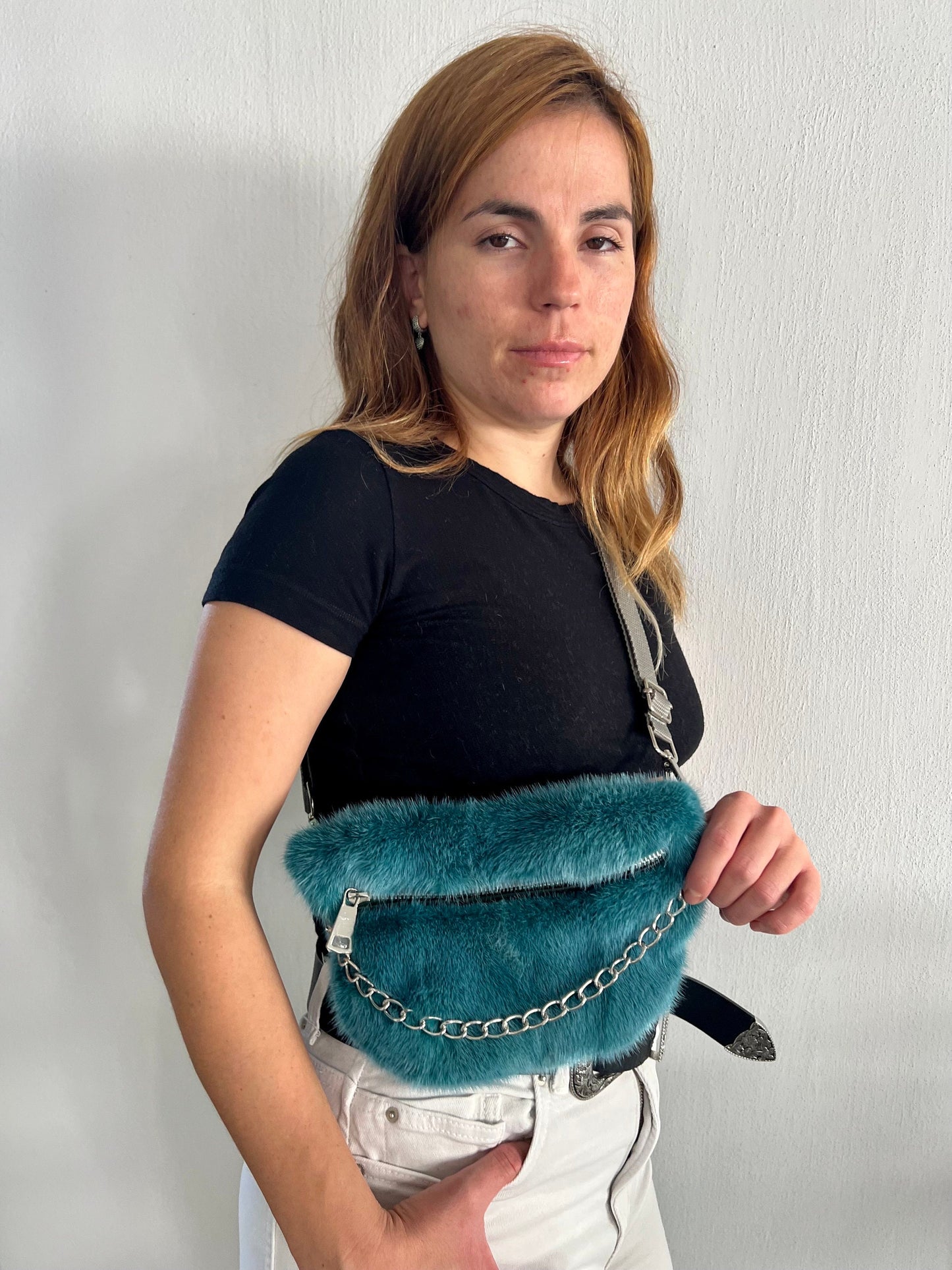 Real Mink Fur Bumbag: Petrol Fanny Pack with Chain