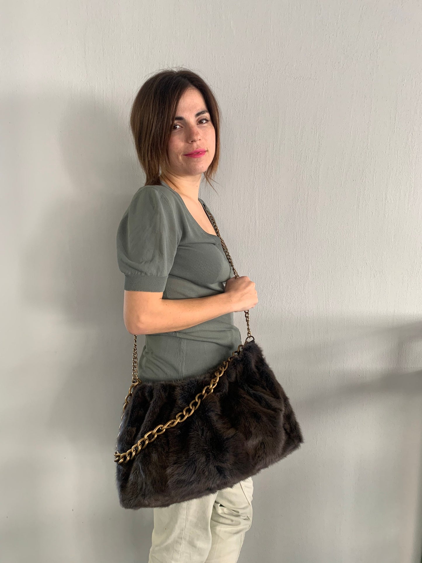 Handmade Mink Fur Shoulder Bag: Black Slouchy Pouch with Bronze Straps