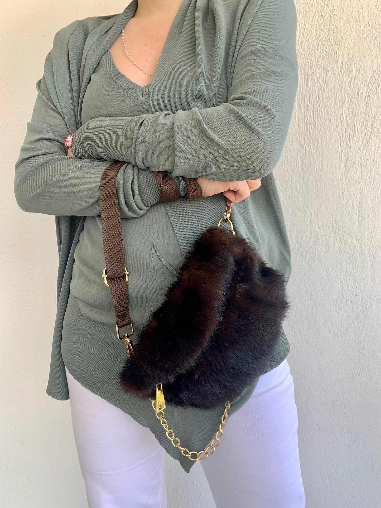 Real Mink Fur Bumbag: Brown Fanny Pack with Chain