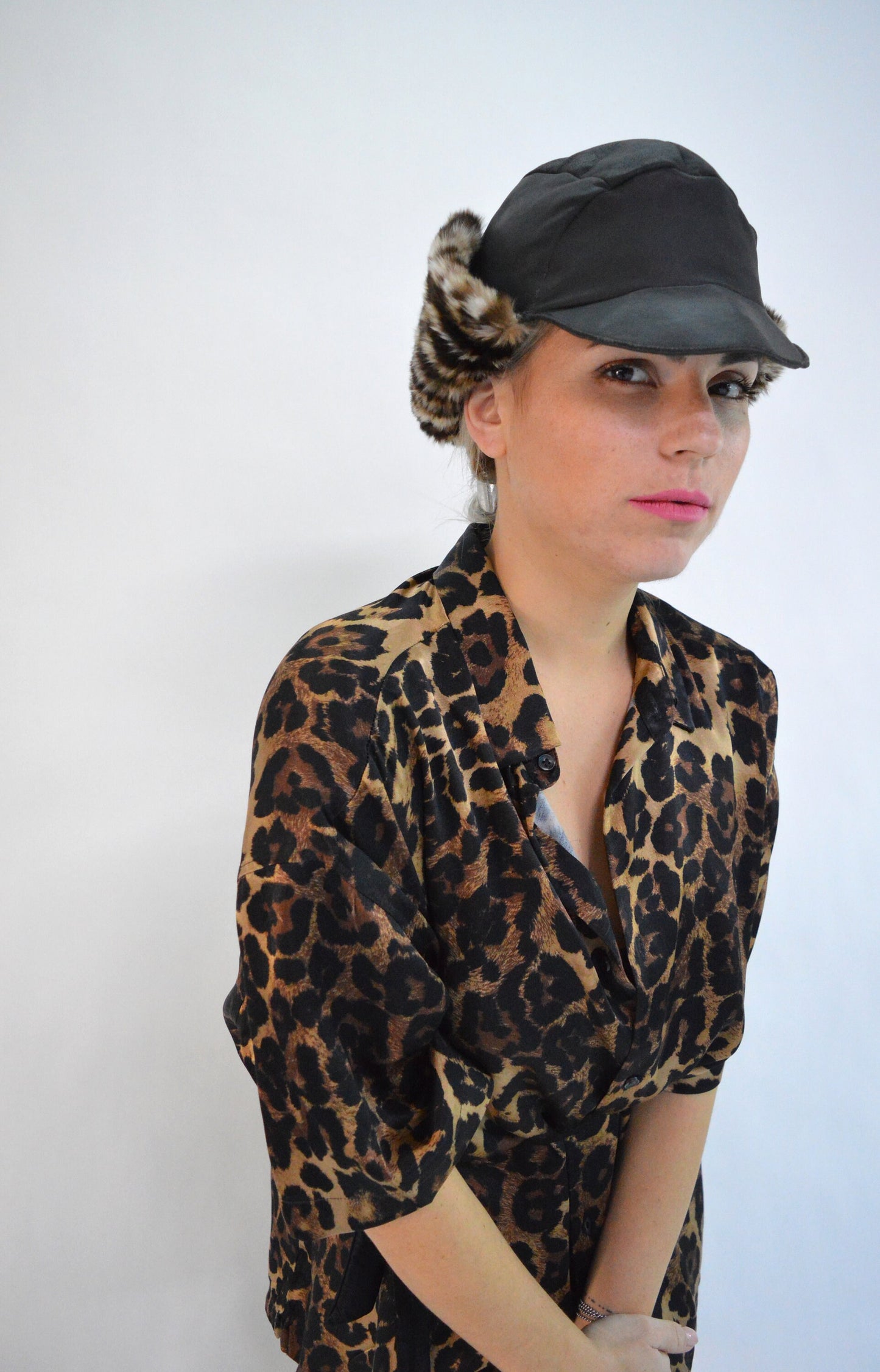 Rabbit Fur Trapper Hat, Black Leather, Leopard Print Ushanka