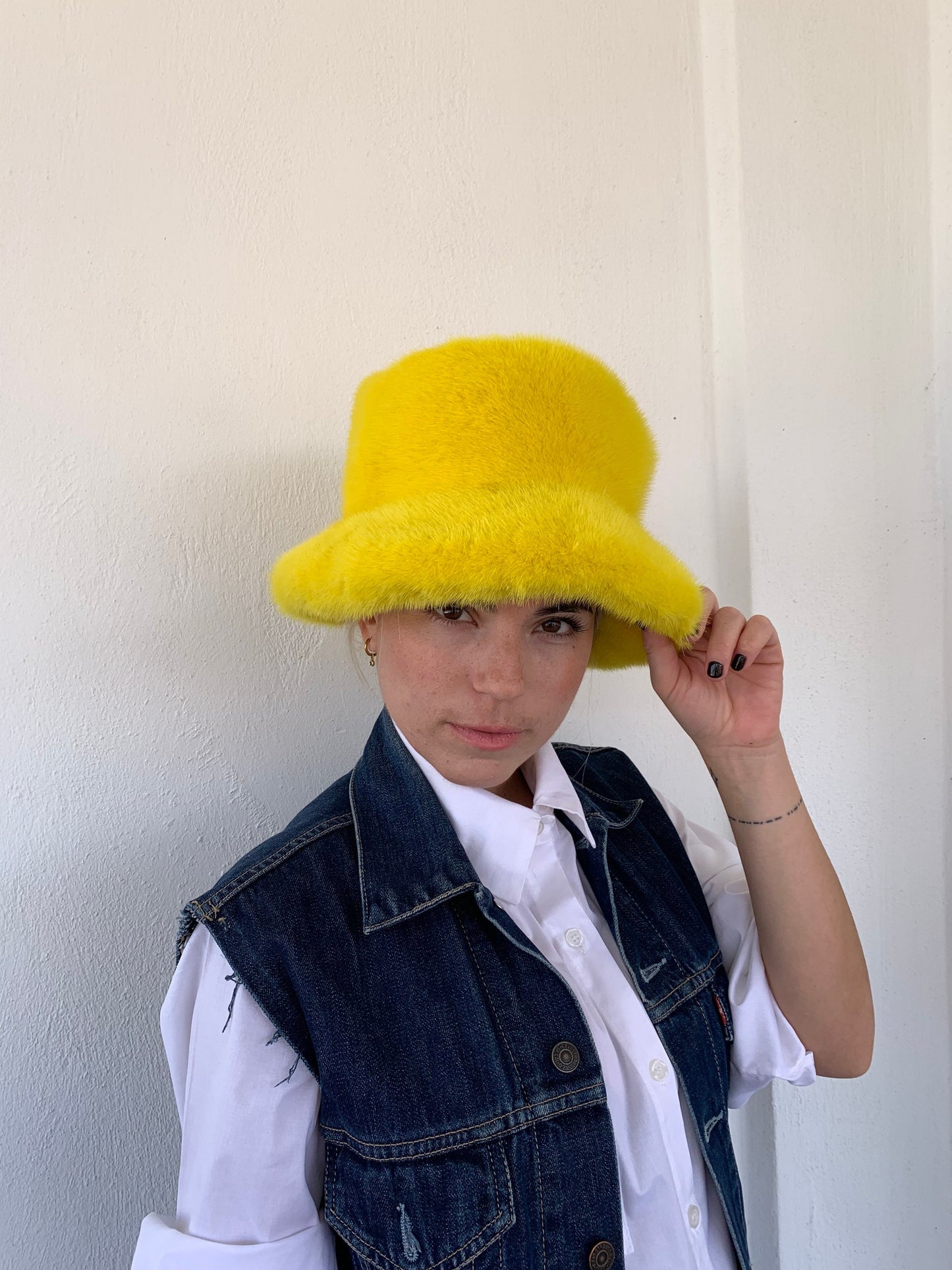 Handmade Yellow Mink Fur Bucket Hat: Luxury Winter Warmer