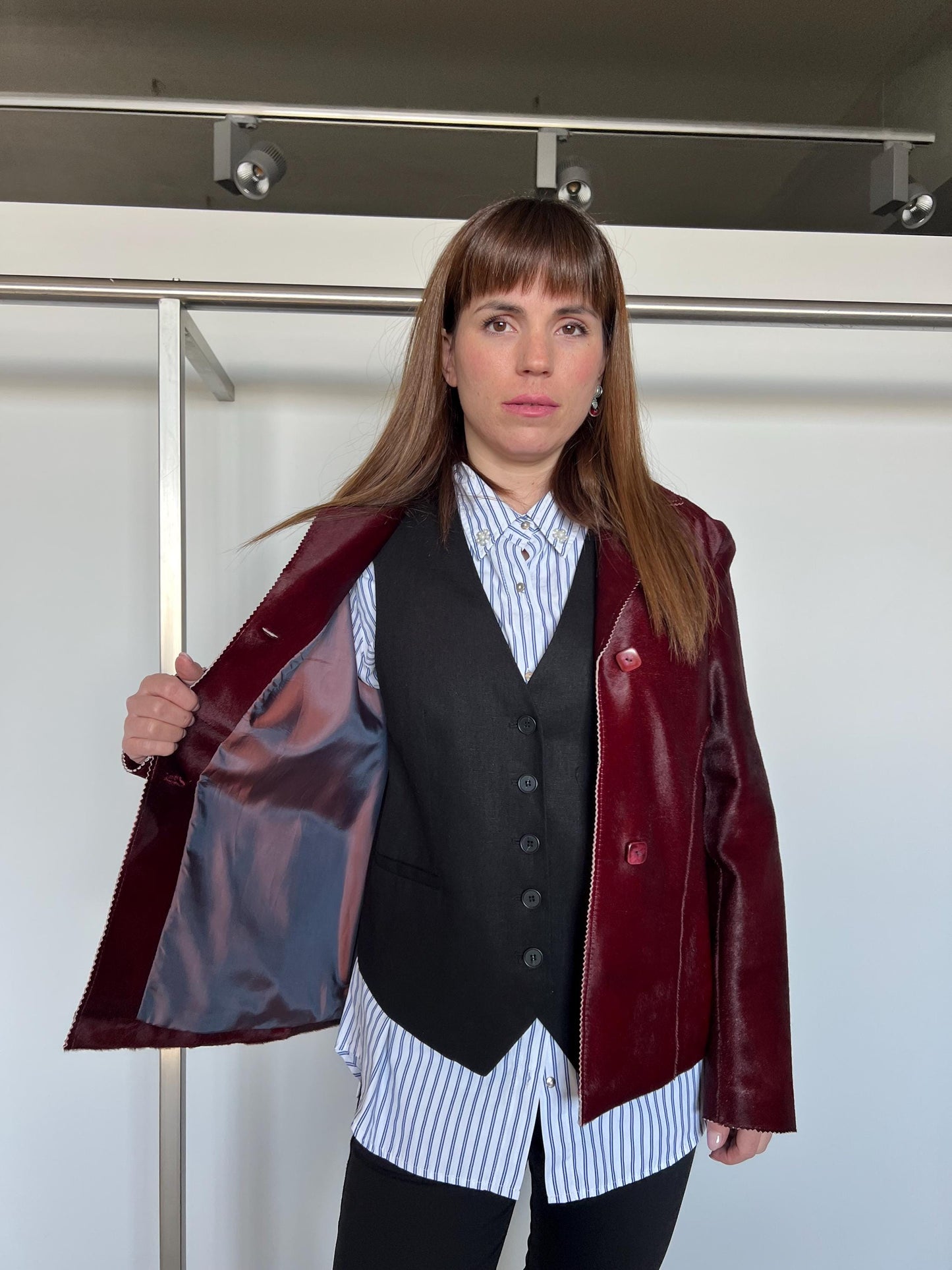 Genuine Cherry Hair-On Leather Jacket: Lightweight Calf Cavallino Coat