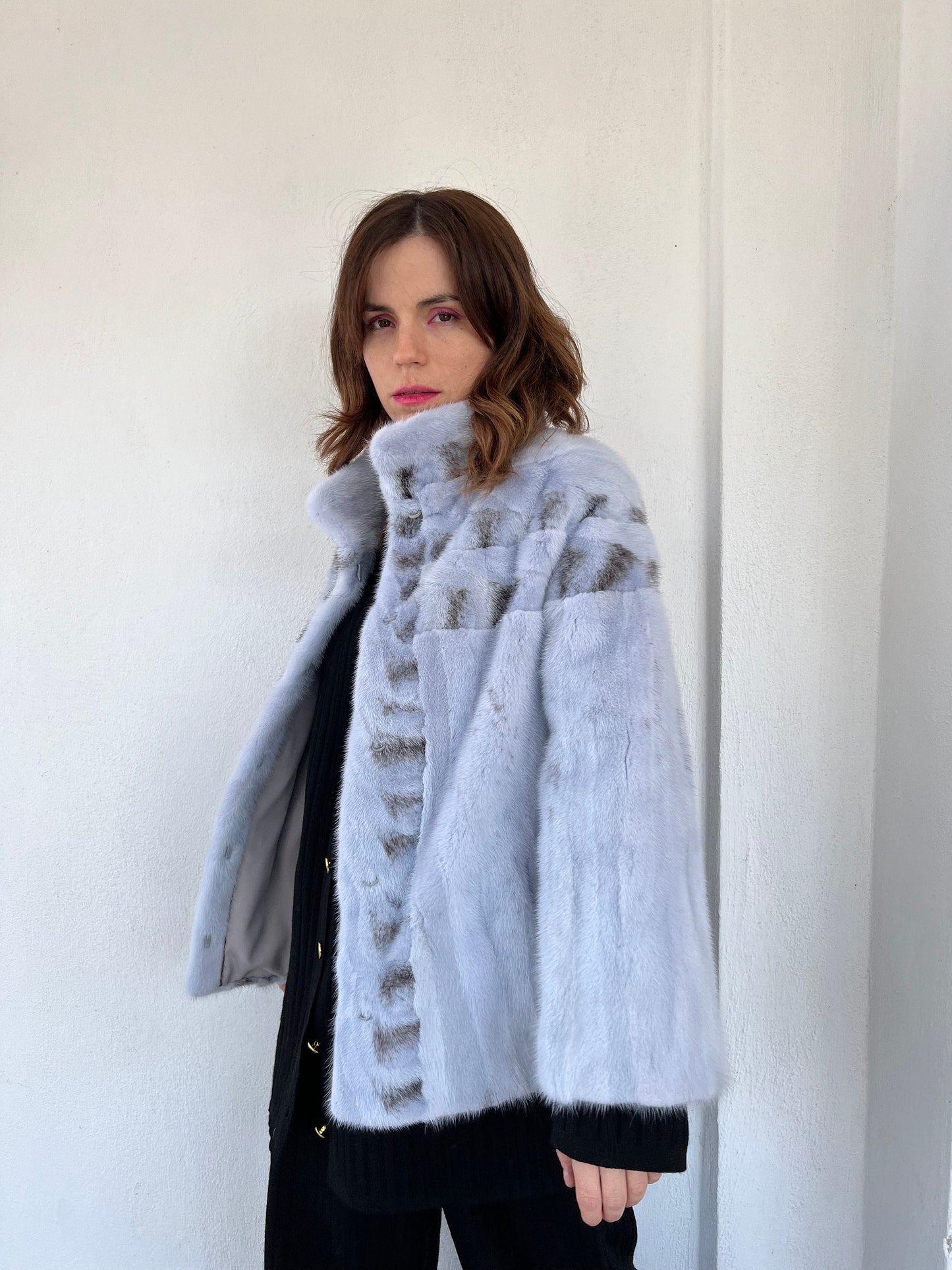 Baby Blue Mink Fur Jacket: High Collar artisanal fur - Handmade in Greece.
