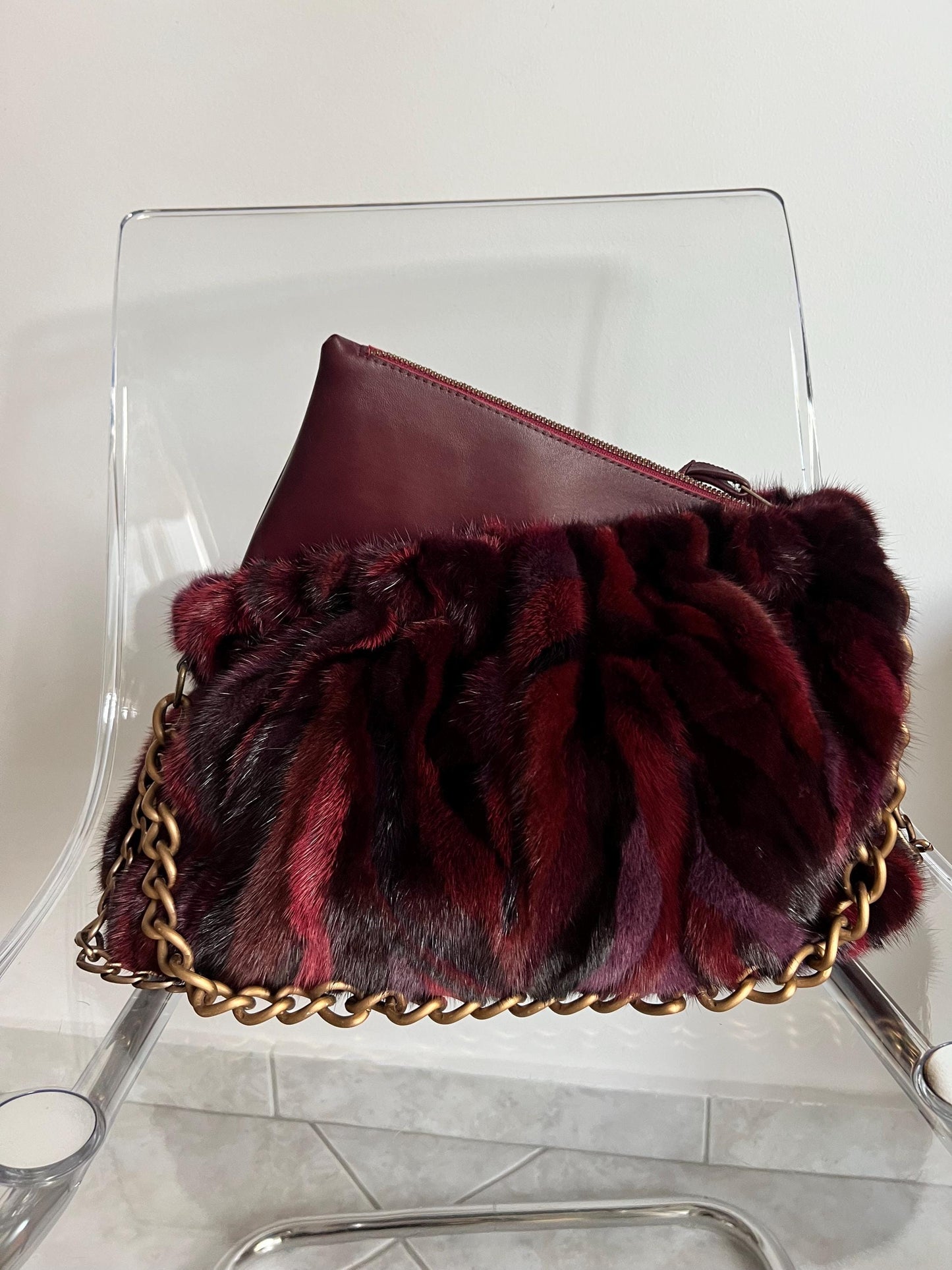 Handmade Mink Fur Slouchy Shoulder Bagin Burgundy : Luxury Cross-body Purse in army shades.