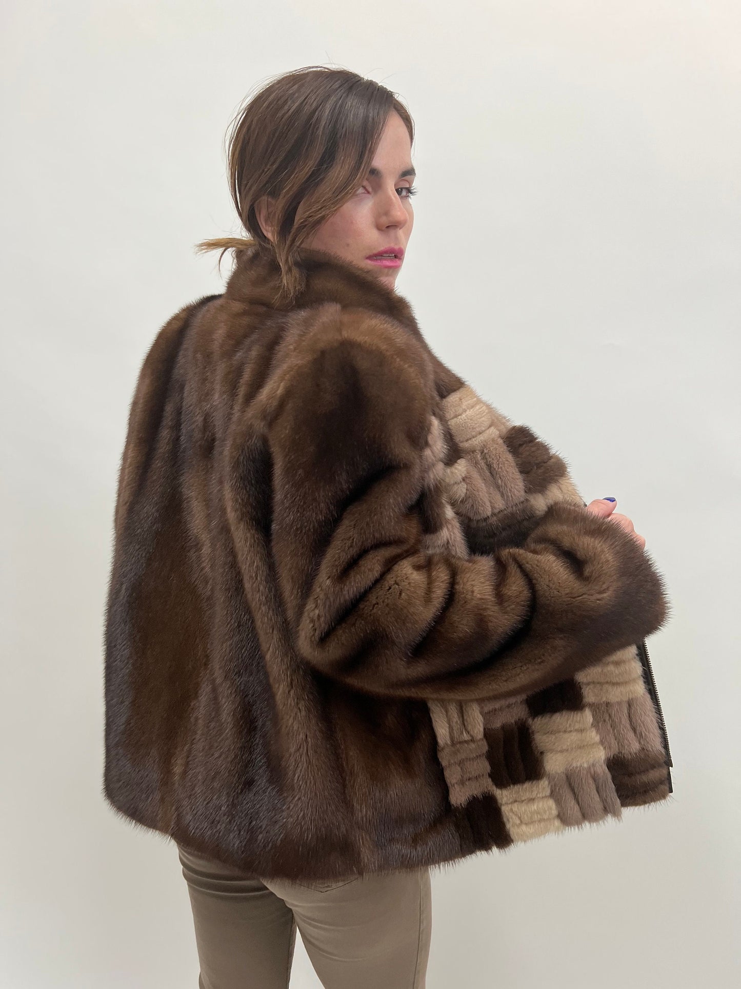 Intarsia Brown Mink Fur Jacket: Lightweight Zip Coat, Saga Fur