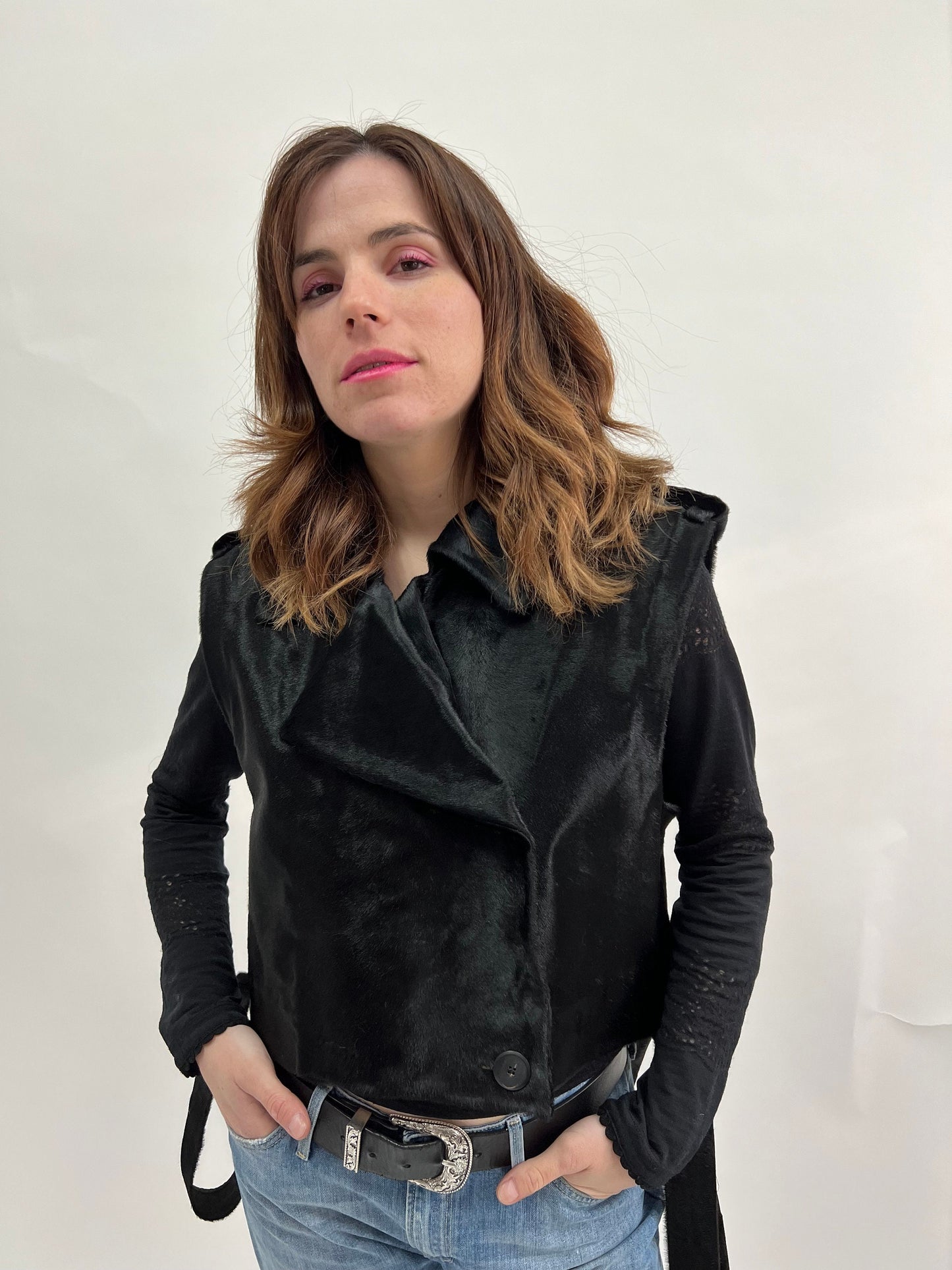Hair-On Hide Leather Vest: Genuine Cavallino Fur, Belted Utility Vest