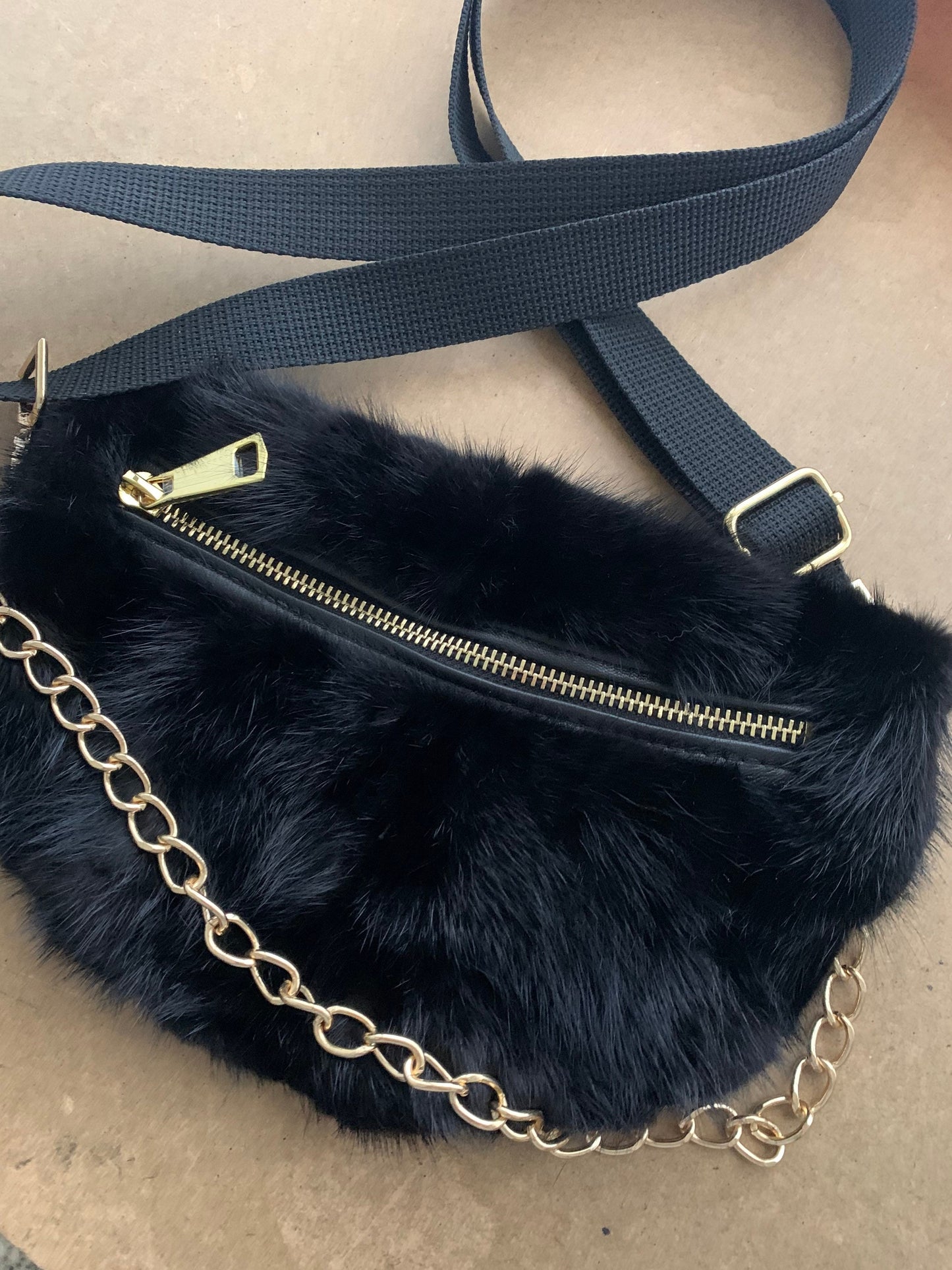 Black Mink Fur Bumbag with Chain: Luxury Fanny Pack