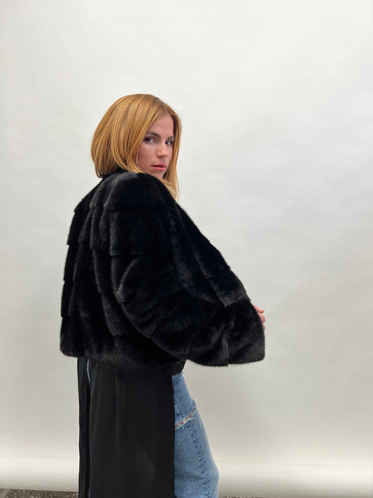 Saga Mink Fur Bolero Jacket: Black Horizontal Collar, Full Skin