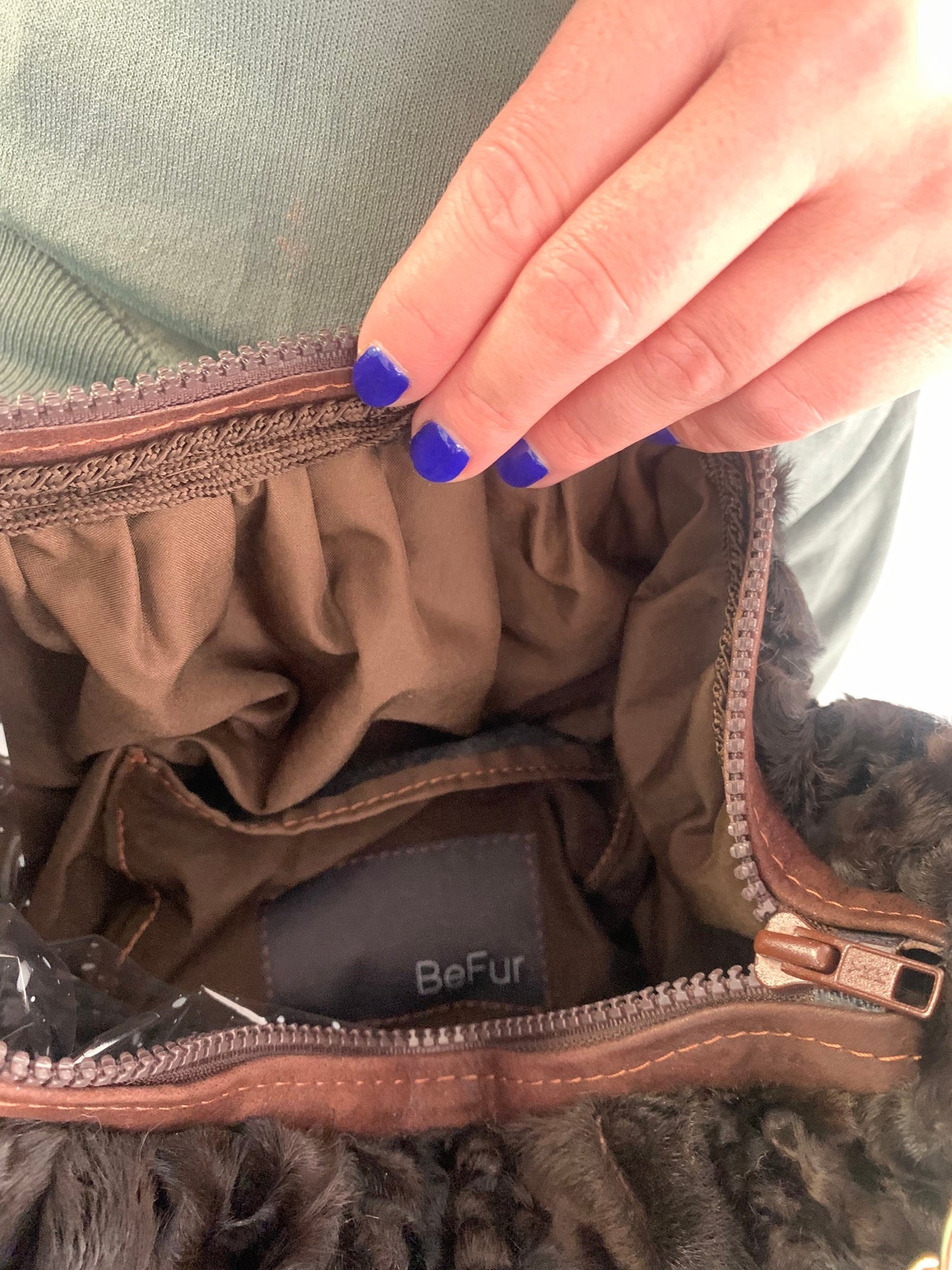 Lamb Fur Slouchy Shoulder Bag: Brown Cloud Pouch with Bronze Straps