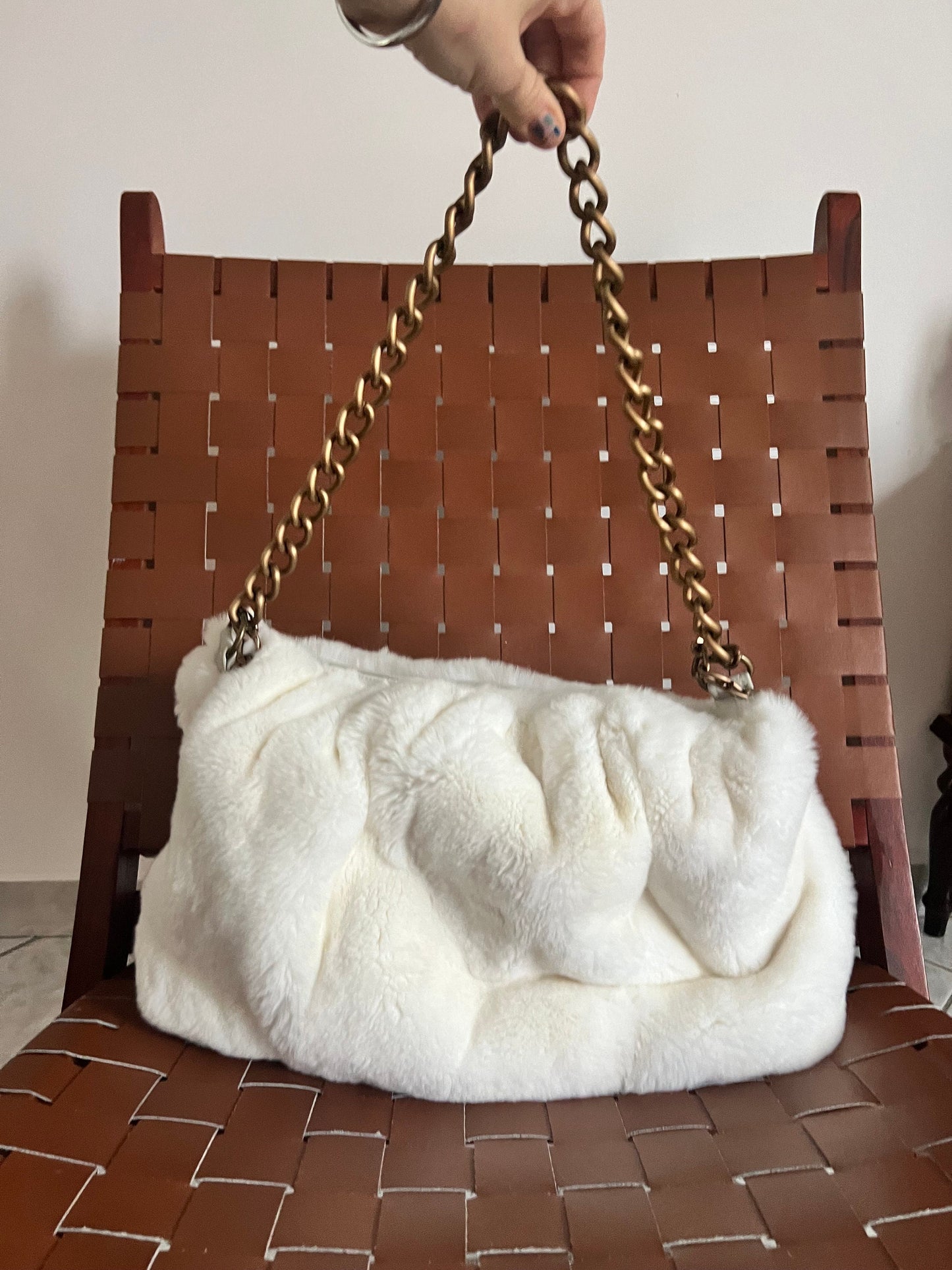 Handmade Rex Rabbit Fur Pouch Bag: White Slouchy Shoulder Bag