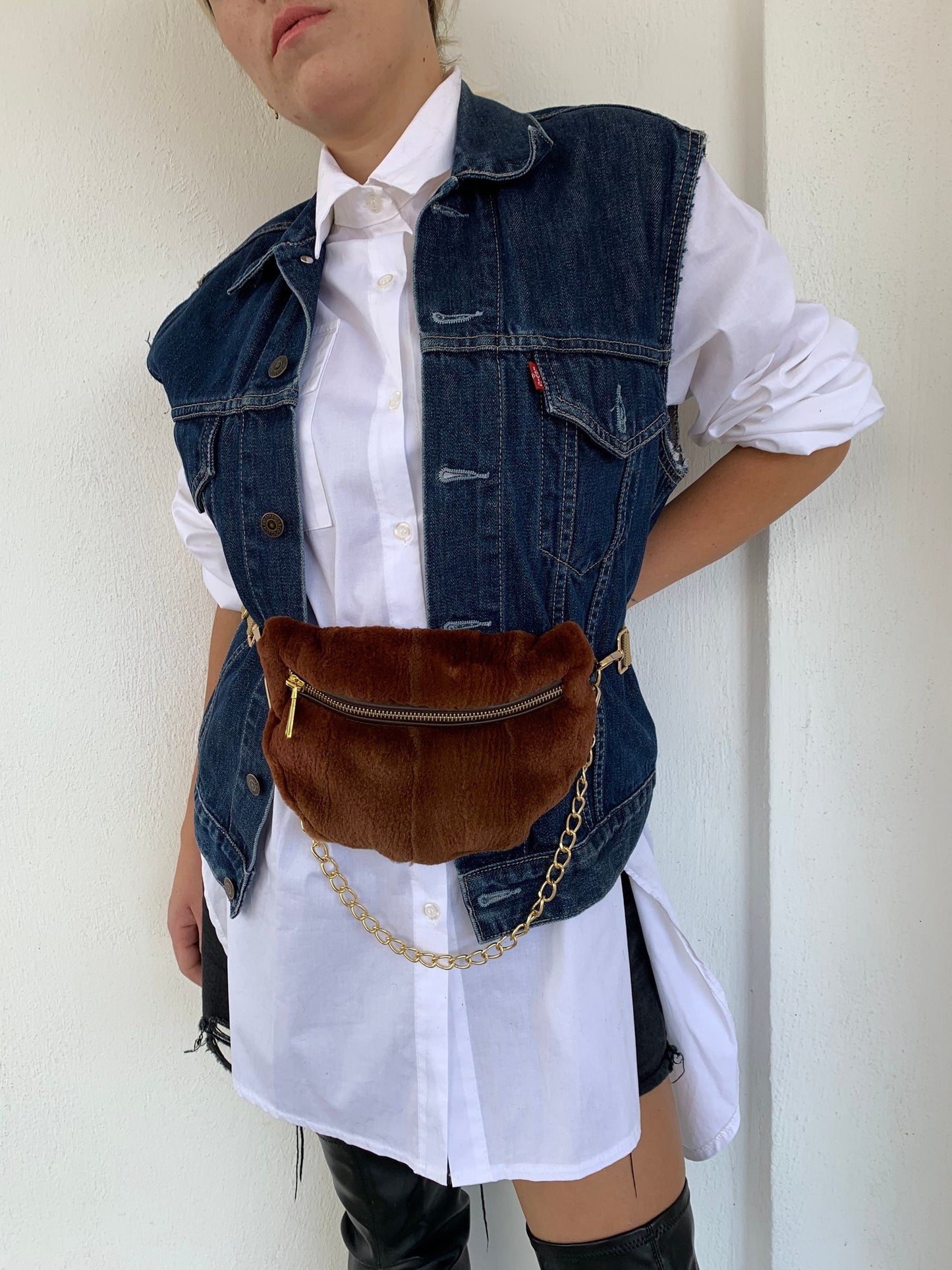 Cognac Mink Fur Bumbag with Chain: Luxury Fanny Pack