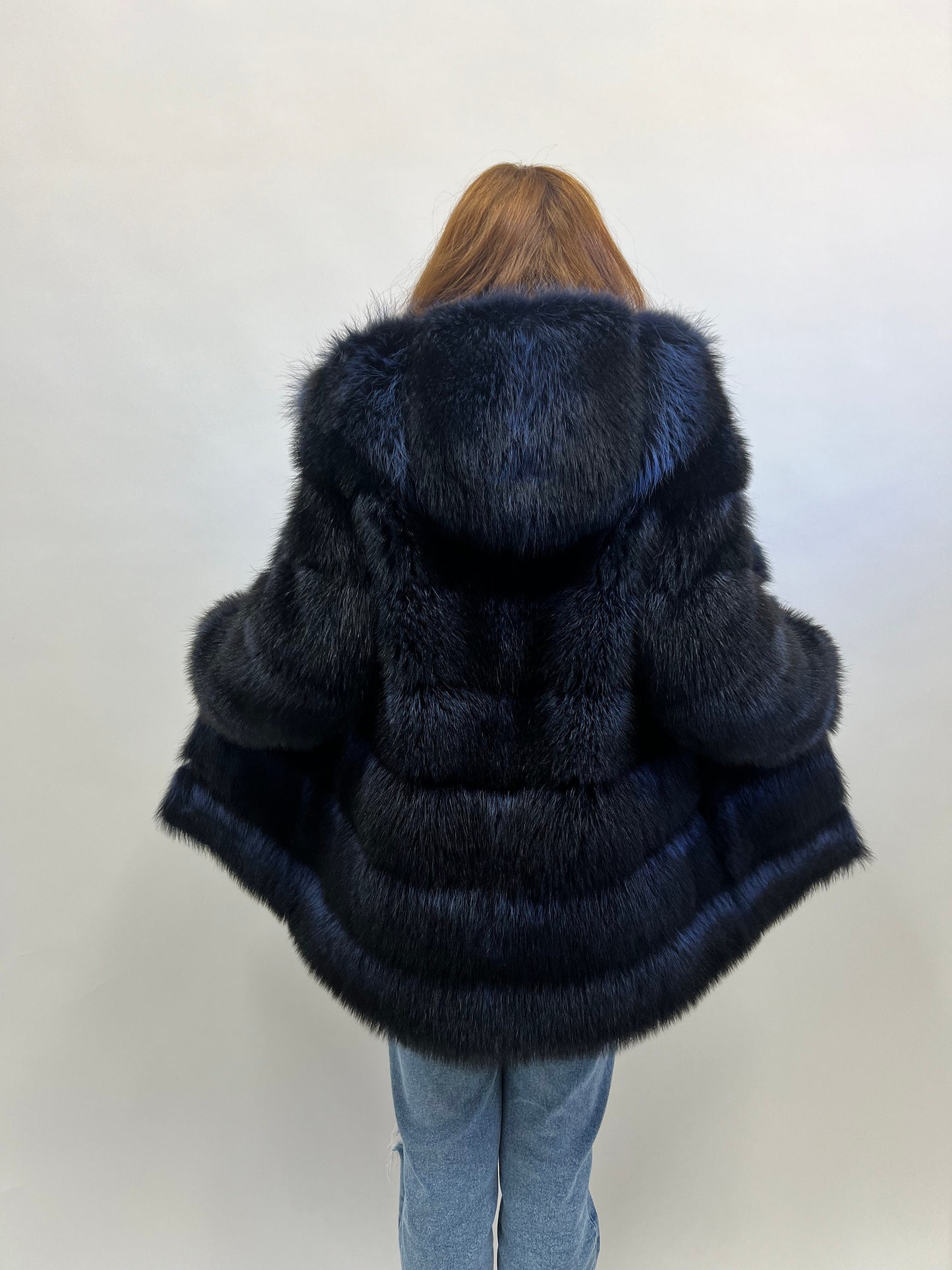 Genuine Blue Raccoon Fur Hooded Jacket: Leather Trim, Size Small