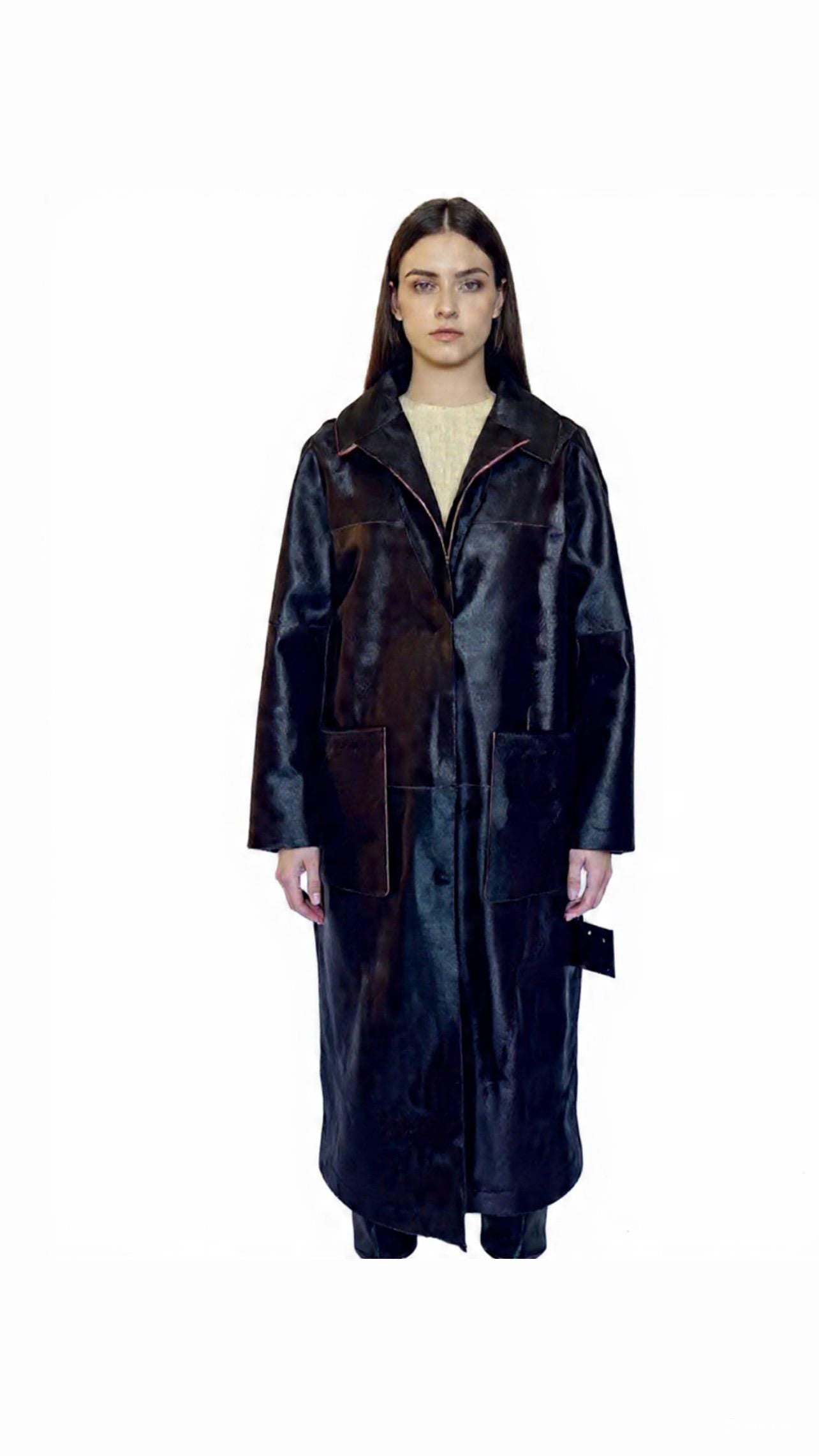 Burgundy Hair-On Leather Coat: Oversized Handmade Cavallino Calf full length with slits on the sides.