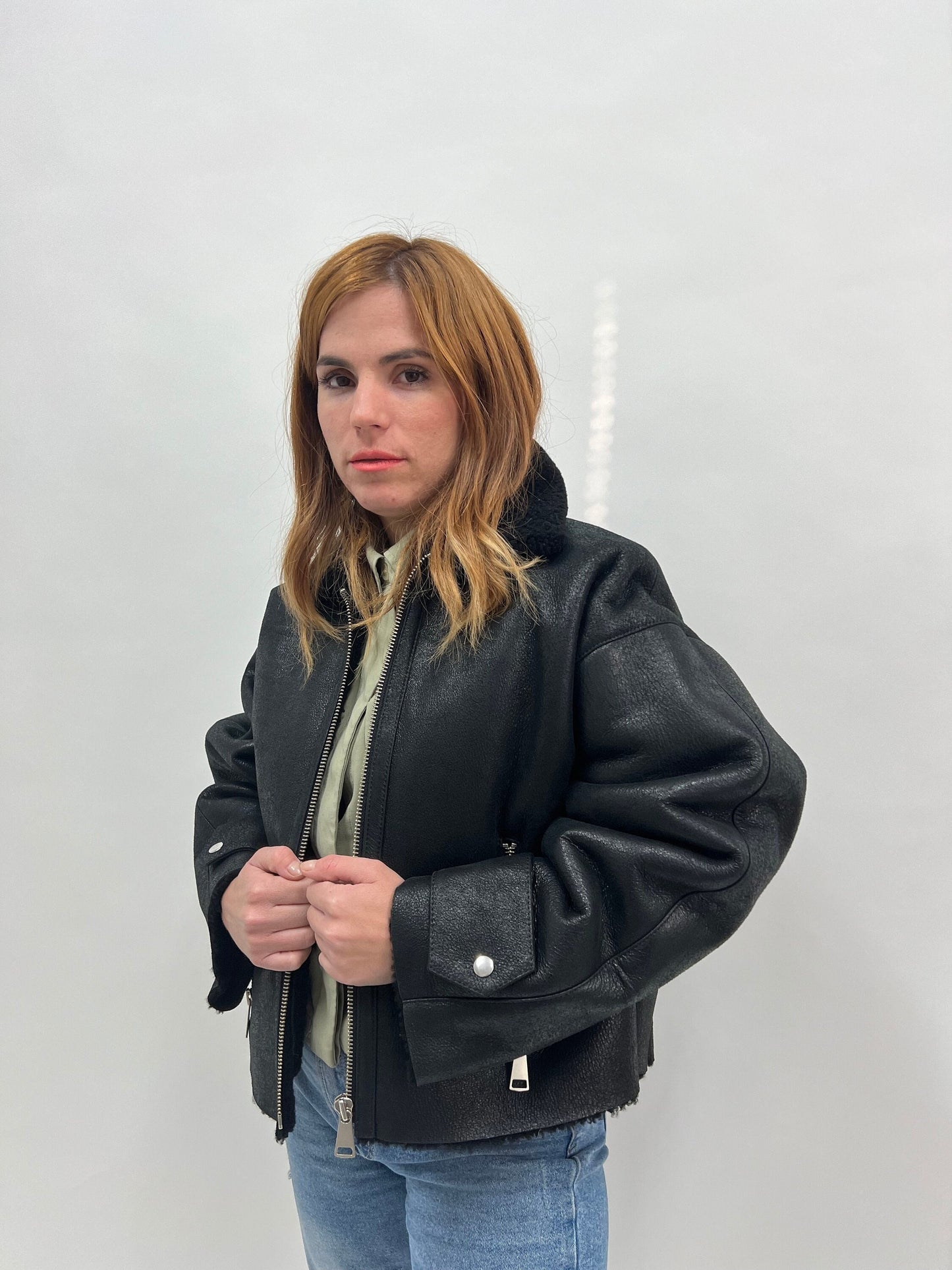 Handmade Black Shearling Fur Jacket: Cracked Leather Sheepskin Coat