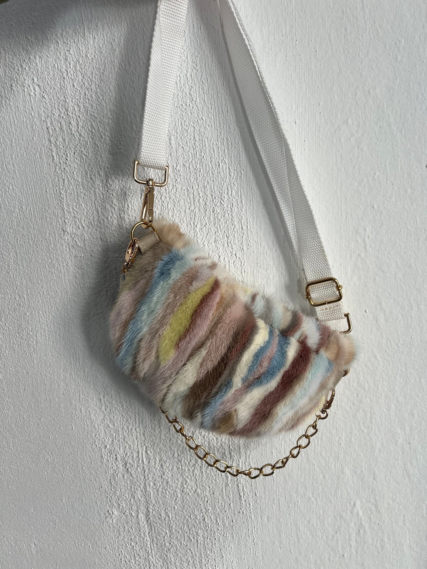 Real mink fur bumbag in multicolor with chain and zipper,fanny pack for waist, back or shoulder. Soft and lined fanny fur bag. Luxury gift