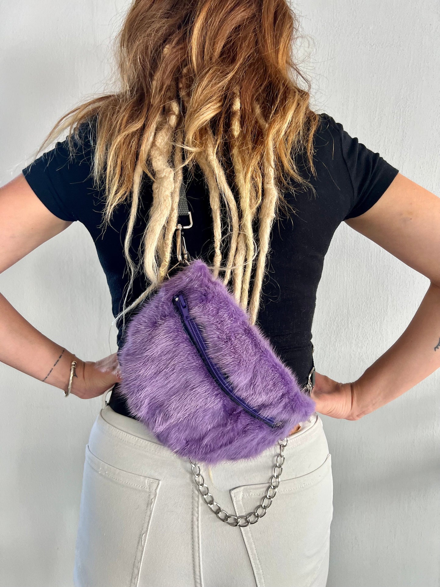 Purple Mink Fur Bumbag with Chain: Luxury Fanny Pack