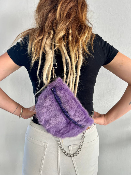 Purple Mink Fur Bumbag with Chain: Luxury Fanny Pack