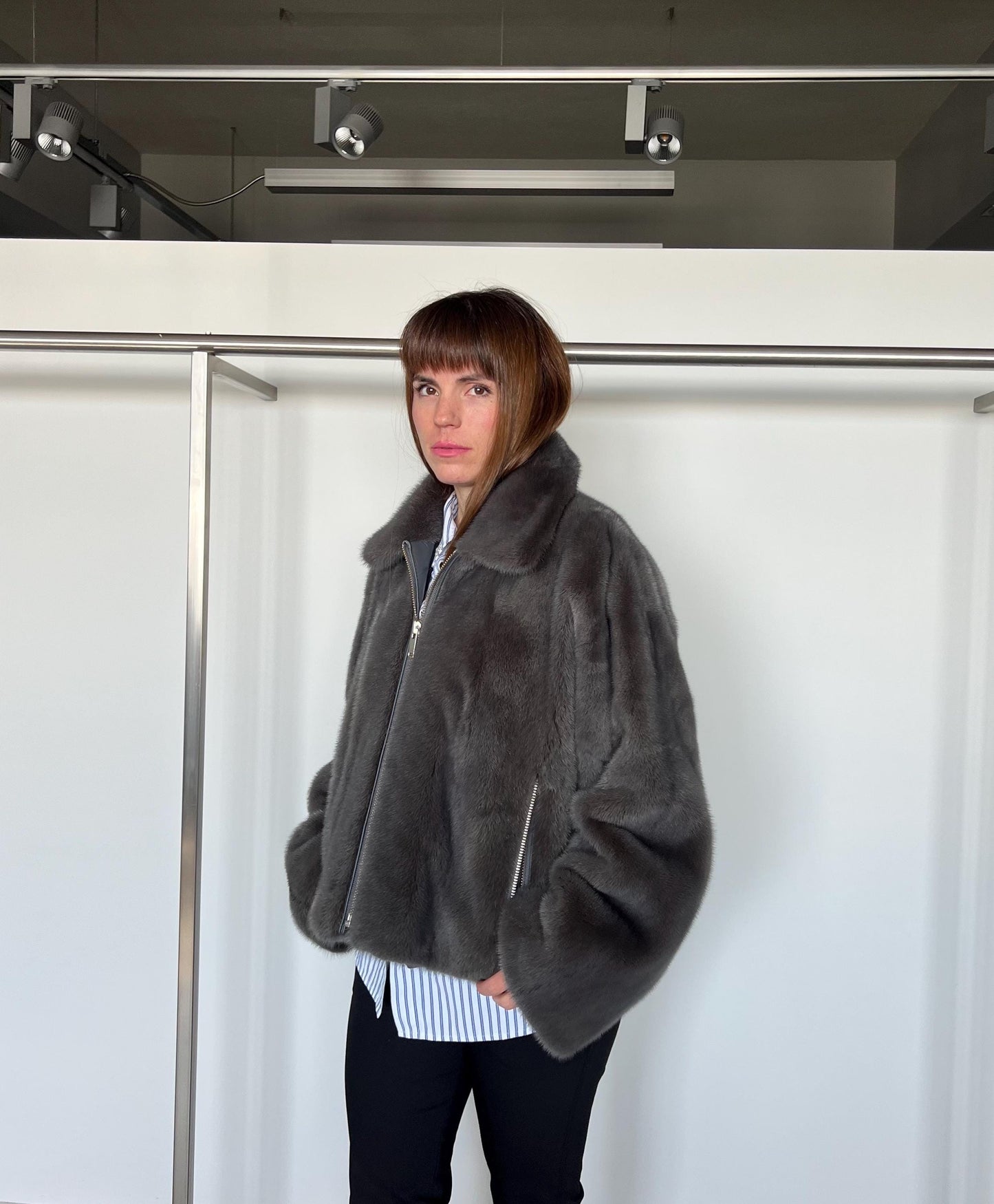 Grey Mink Fur Jacket: Copenhagen Pelts, Boxy Style, Size 2XL