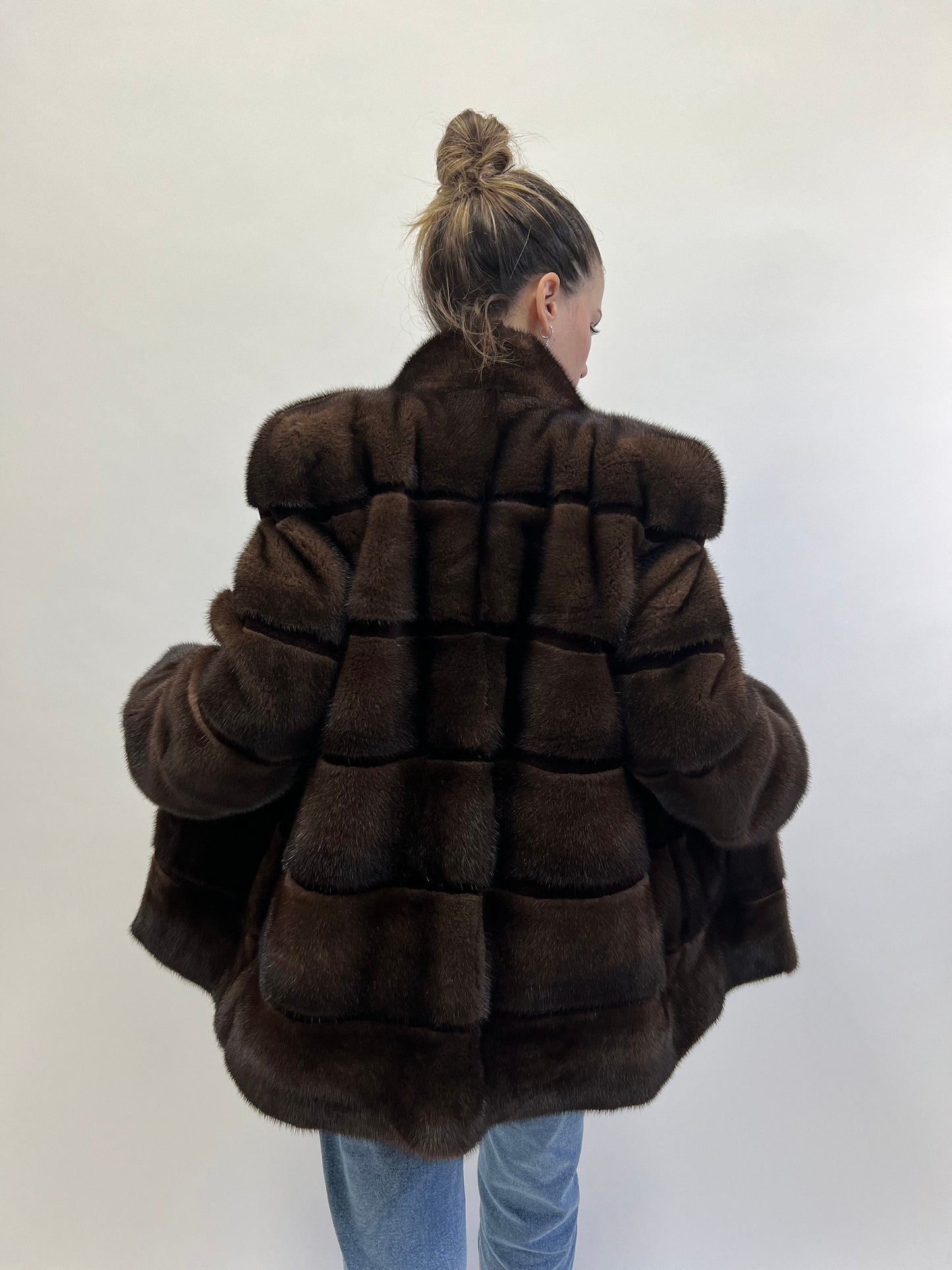 Dark Brown Mink Fur Coat: Horizontal Sheared Stripes, Size M/L