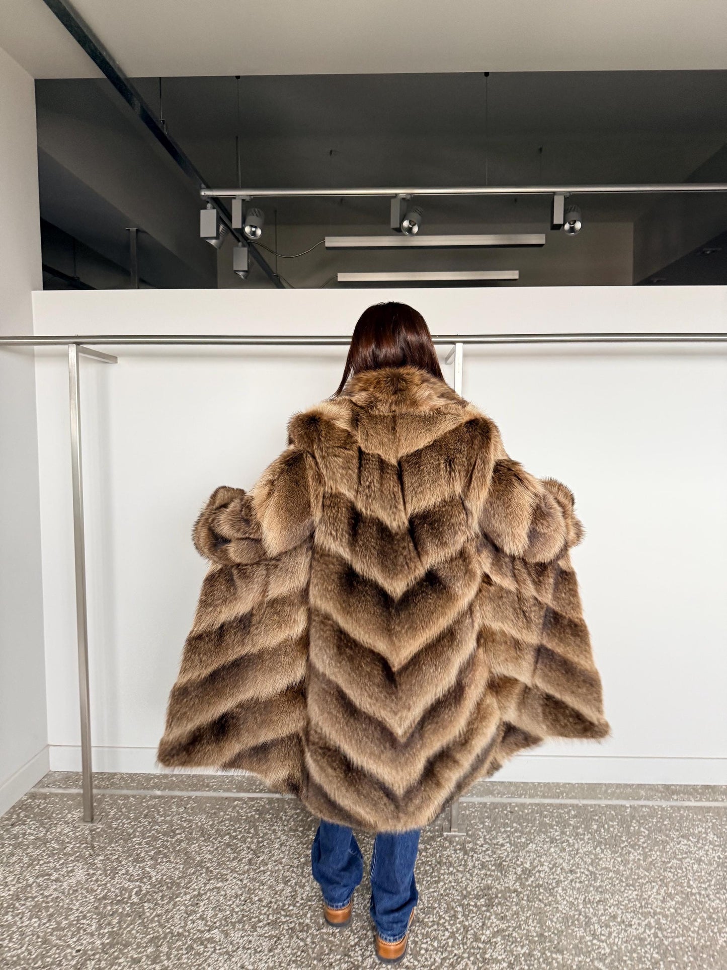 Real Raccoon Fur Coat: Choco Brown extremely warm diagonal fur stroller.