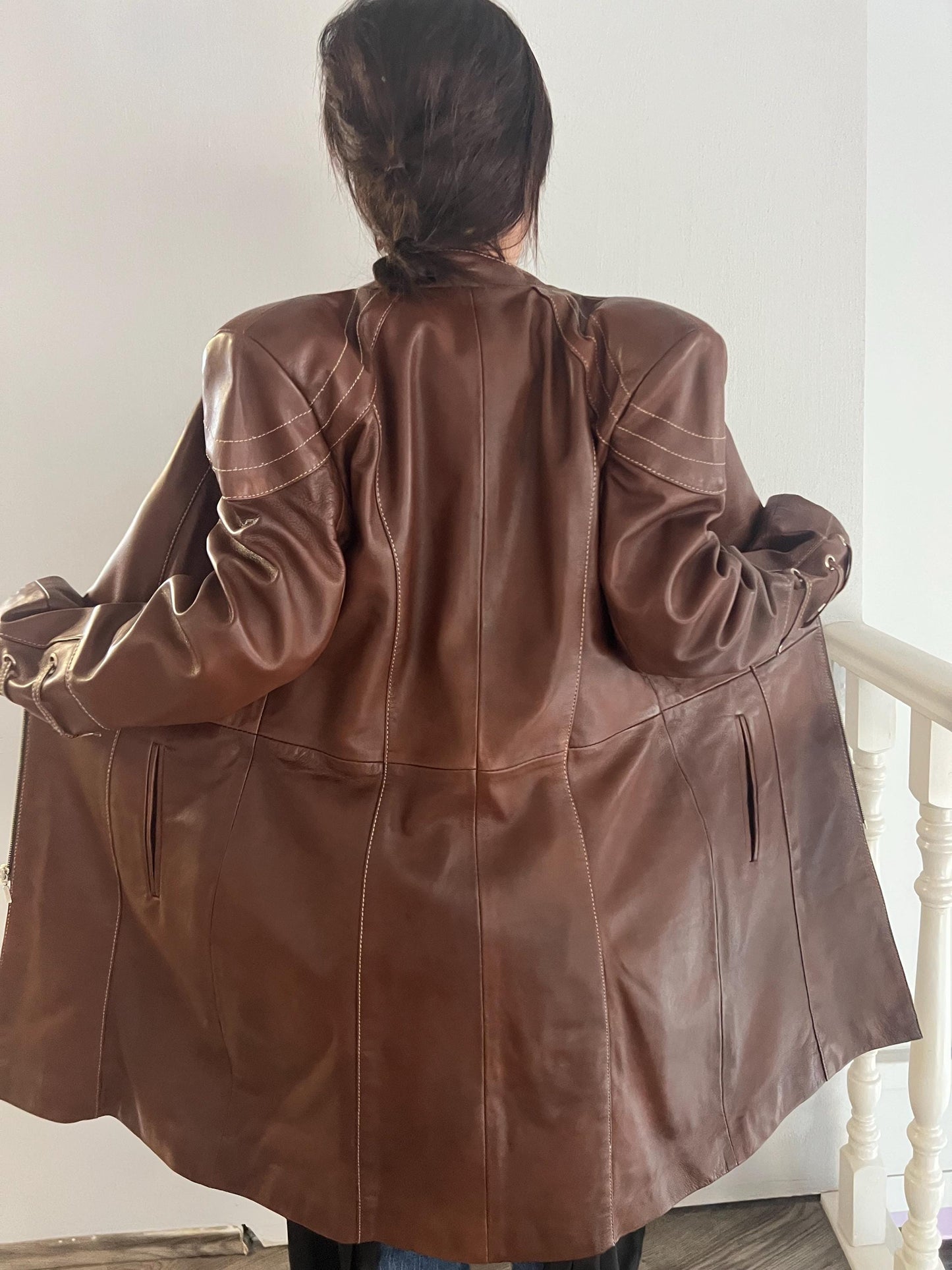 Handmade Nappa Lamb Leather Coat: Tobacco Brown Zip Front