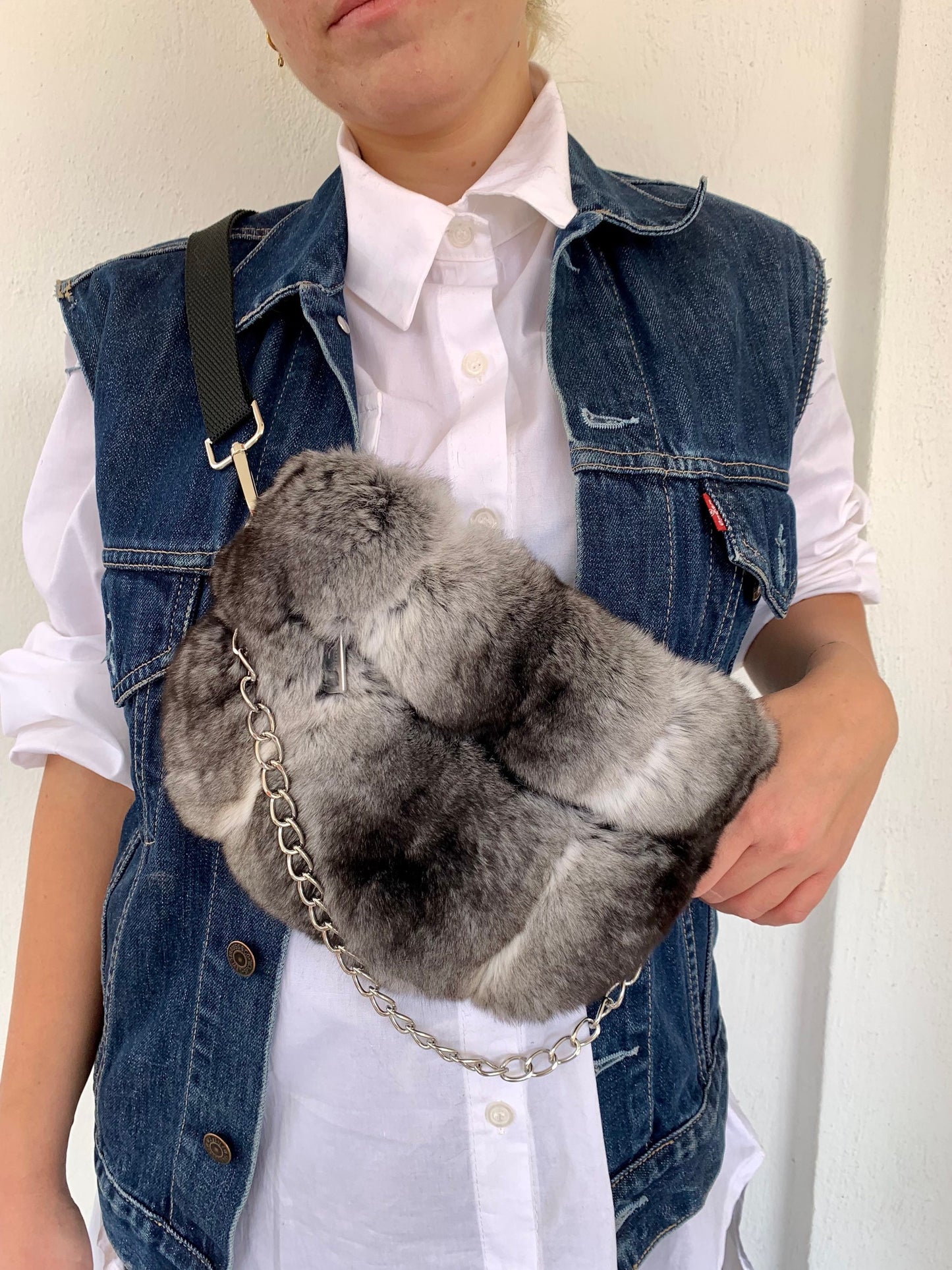 Real Rabbit Fur Bumbag: White Fanny Pack with Chain