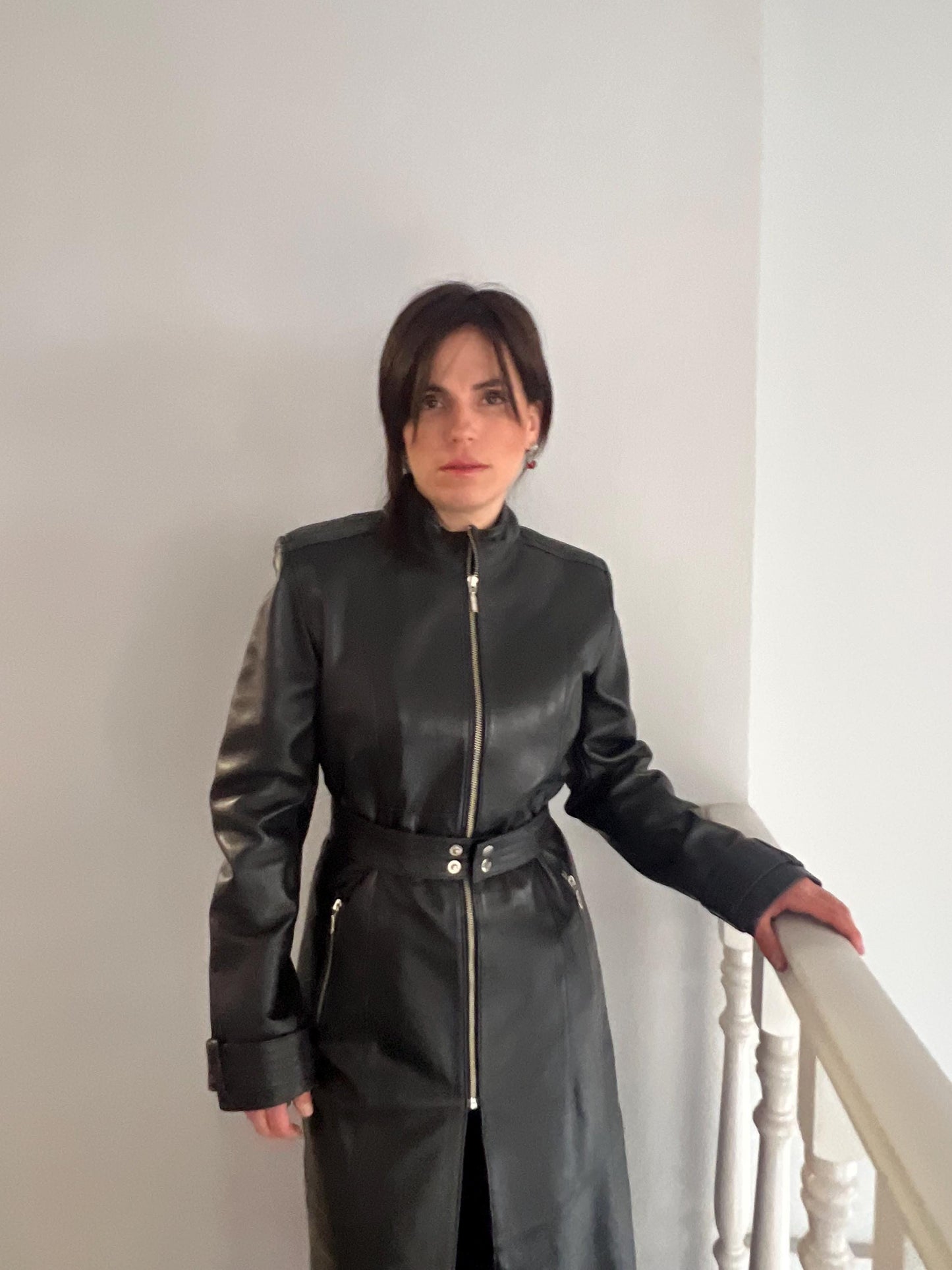 Handcrafted buttery Nappa Leather Coat with zippers and belt: Full Length Black Overcoat.