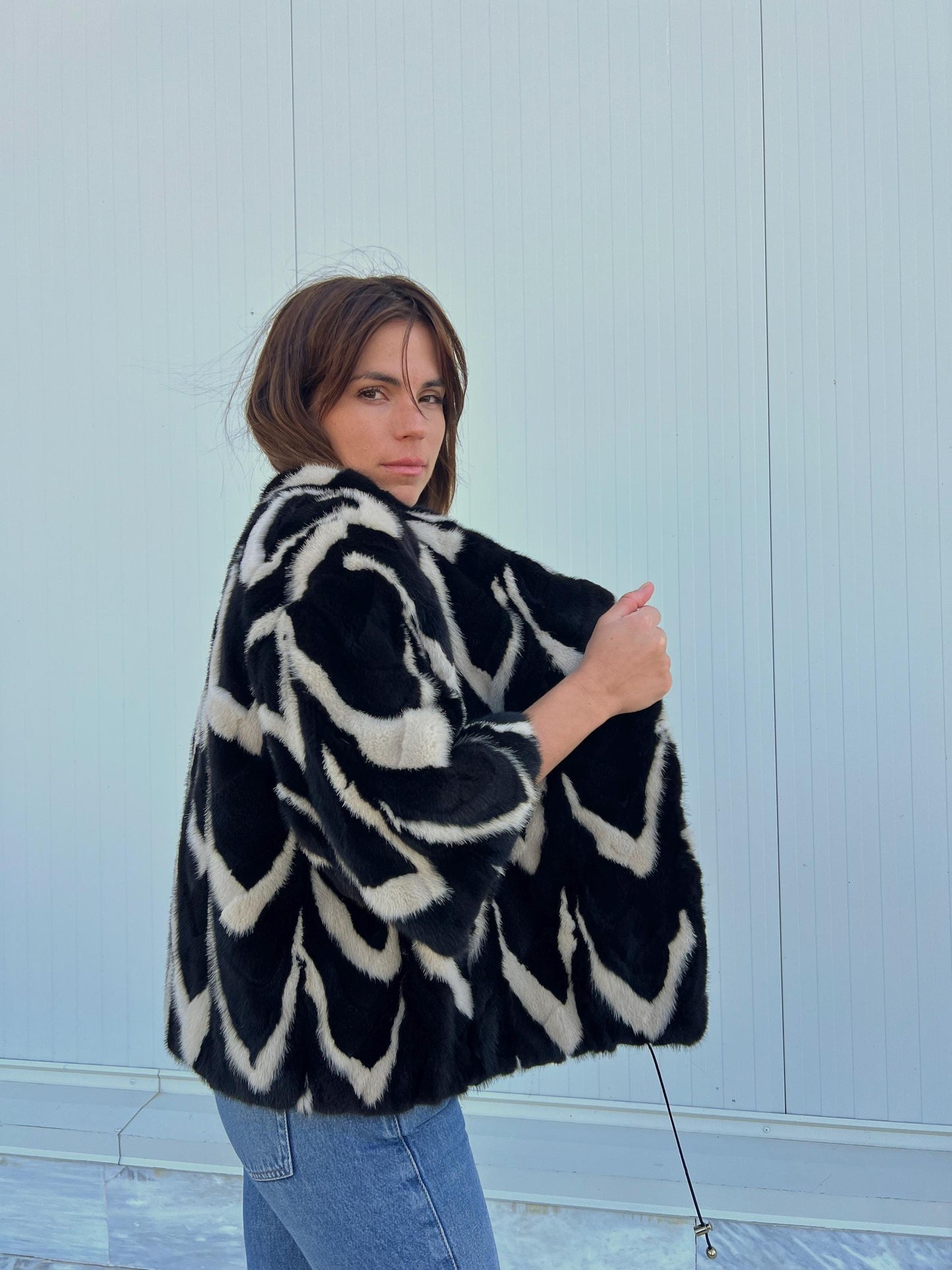 Intarsia Mink Fur Jacket: Beige & Black Genuine Fur Blazer