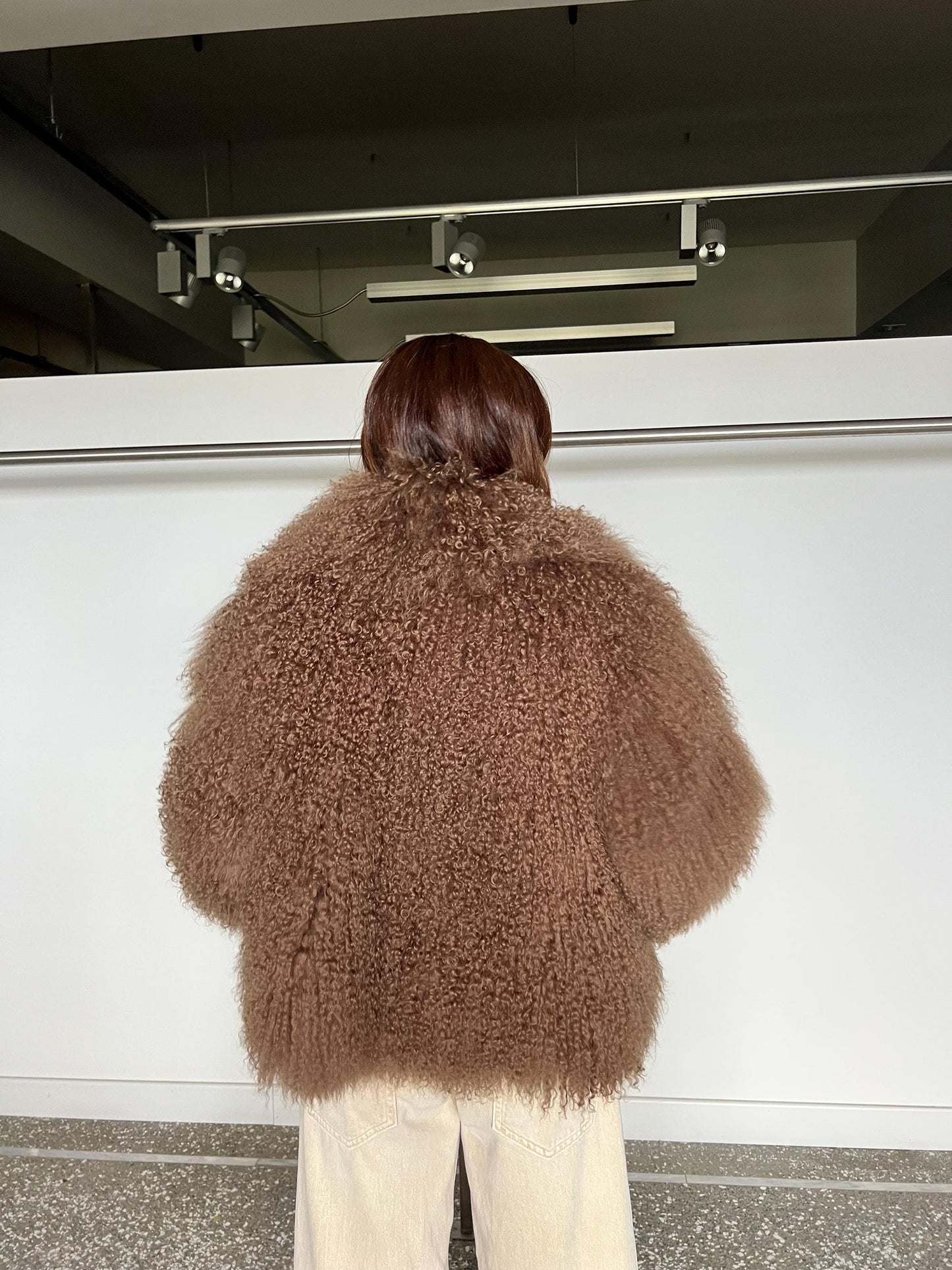 Handmade Chocolate Mongolian Lamb Fur Jacket - Pastel Brown Clip Closure