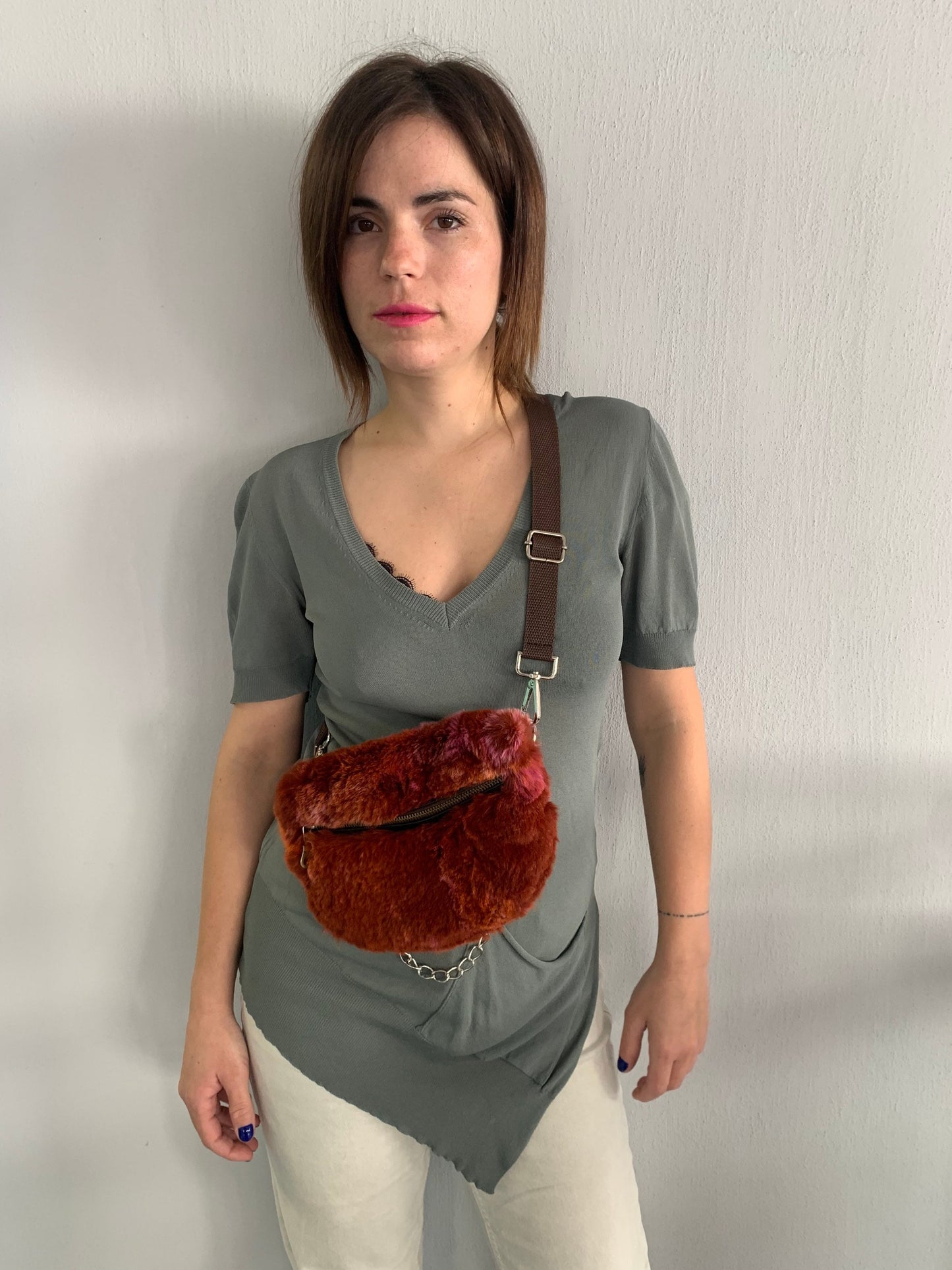 Terracotta Rabbit Fur Bumbag with Chain Strap
