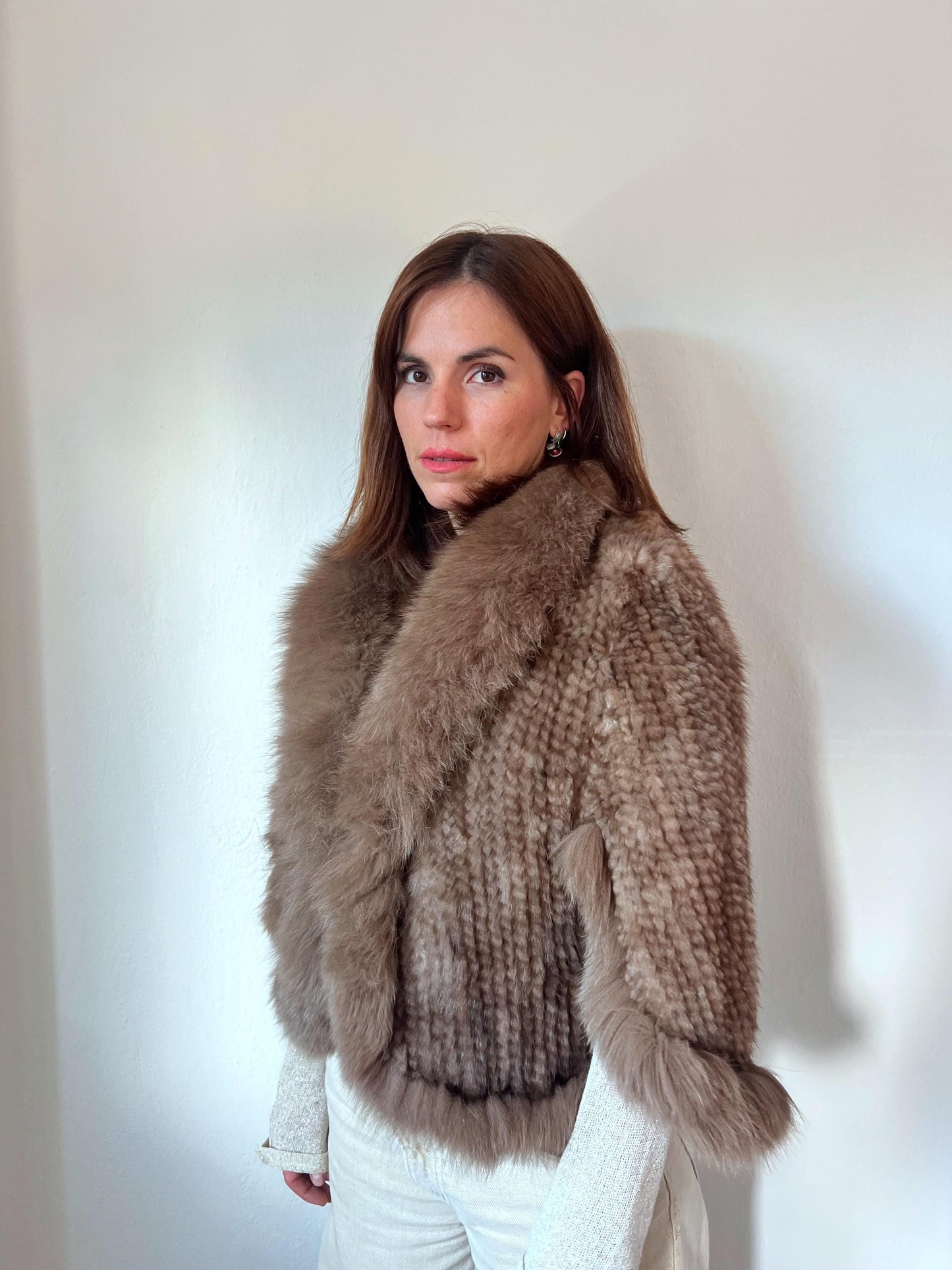 Handwoven Mink Cape with Fox Fur Trim - Taupe Poncho Jacket