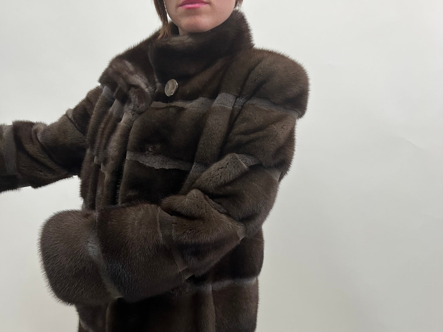 Brown Mink Fur Coat, Saga Sheared Trim, Handmade in Greece
