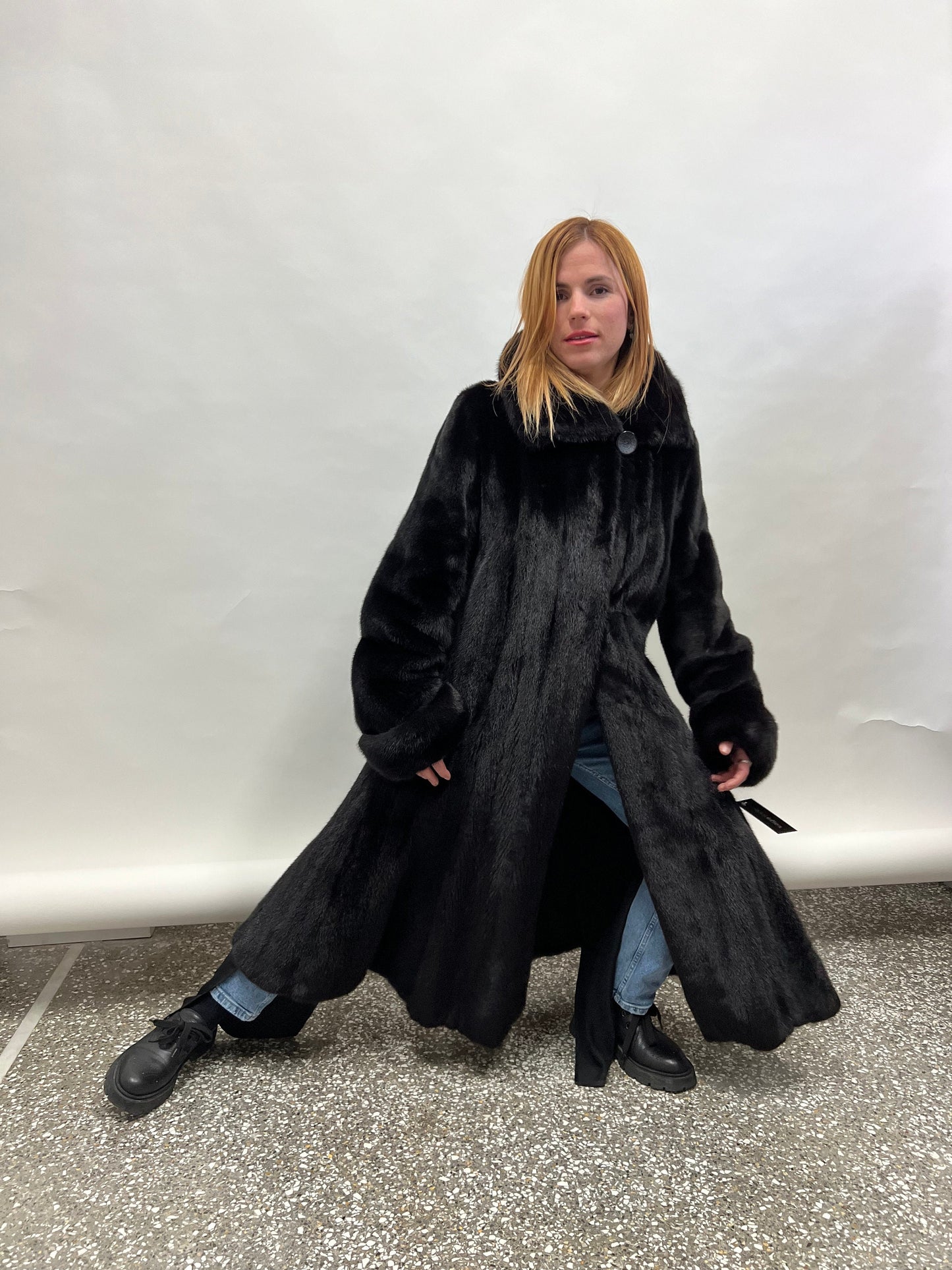 Handmade Black Mink Fur Long Coat: Godet Style, Adjustable Cuffs