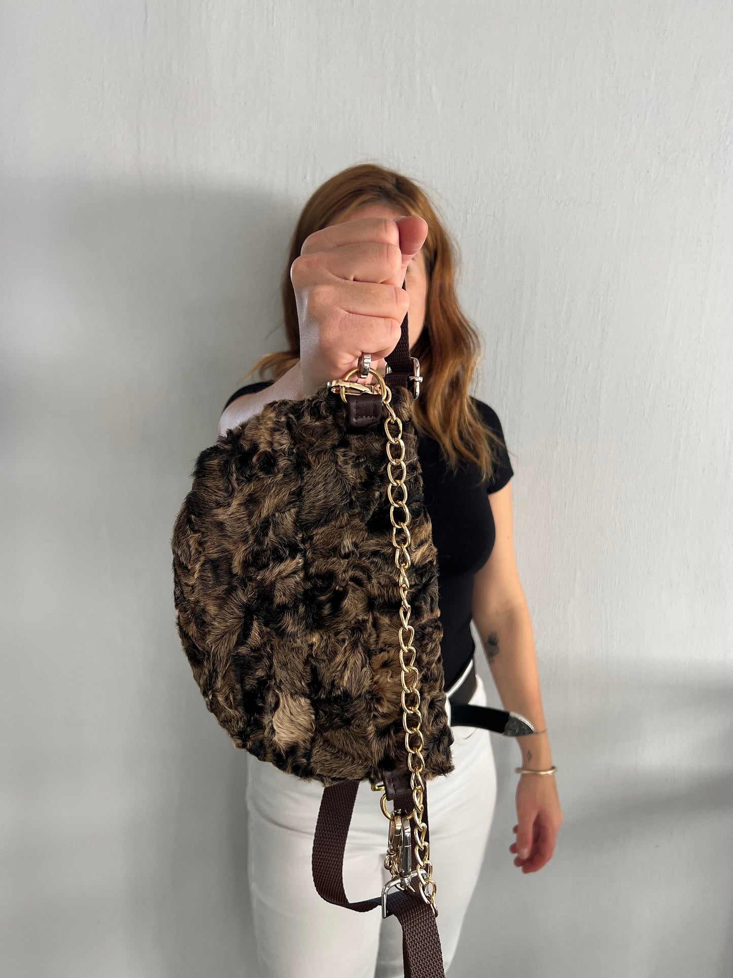 Real Mink Fur Bumbag: Brown Fanny Pack with Chain
