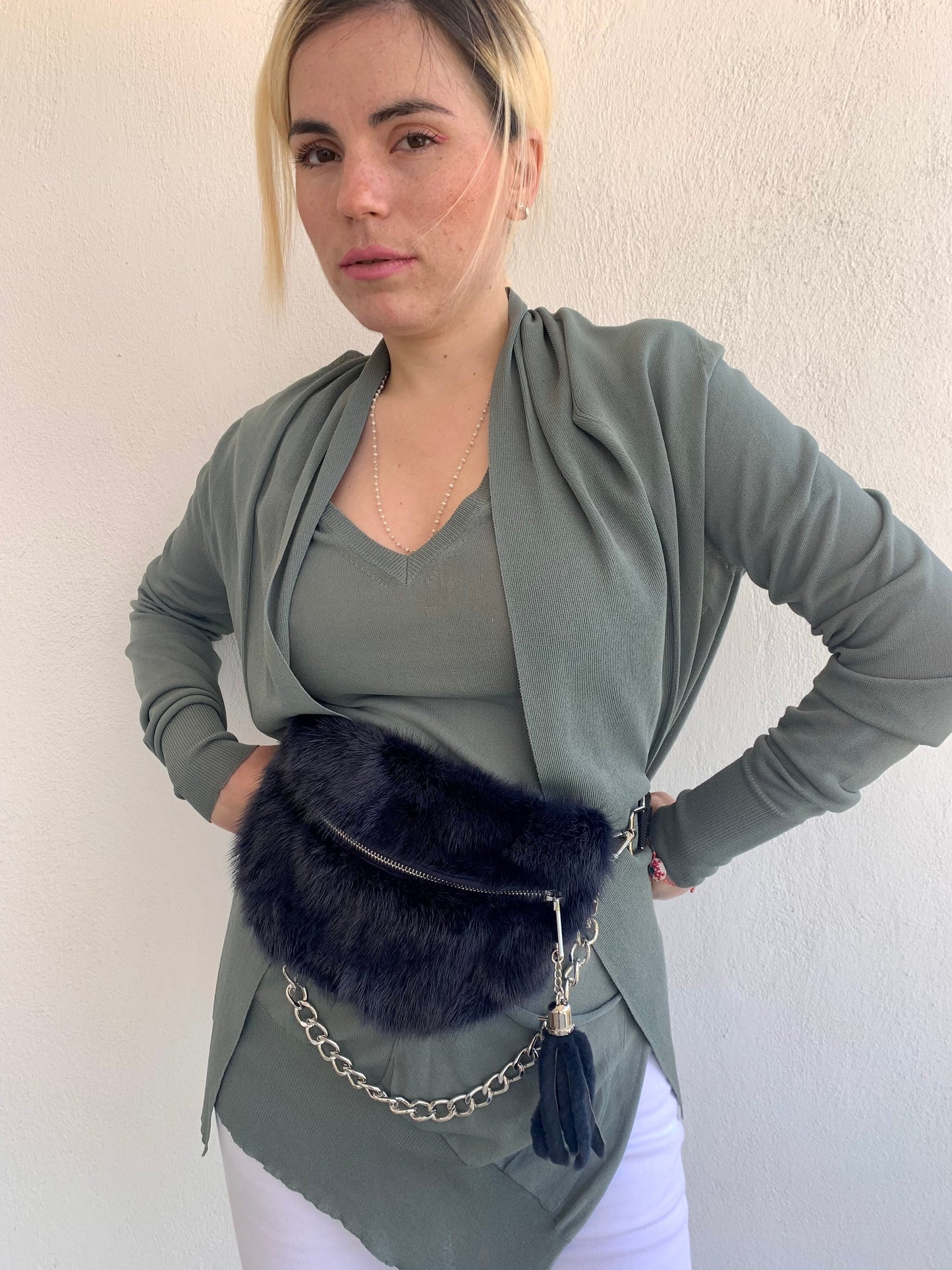 Navy Mink Fur Bumbag with Chain Tassel: Luxury Fanny Pack