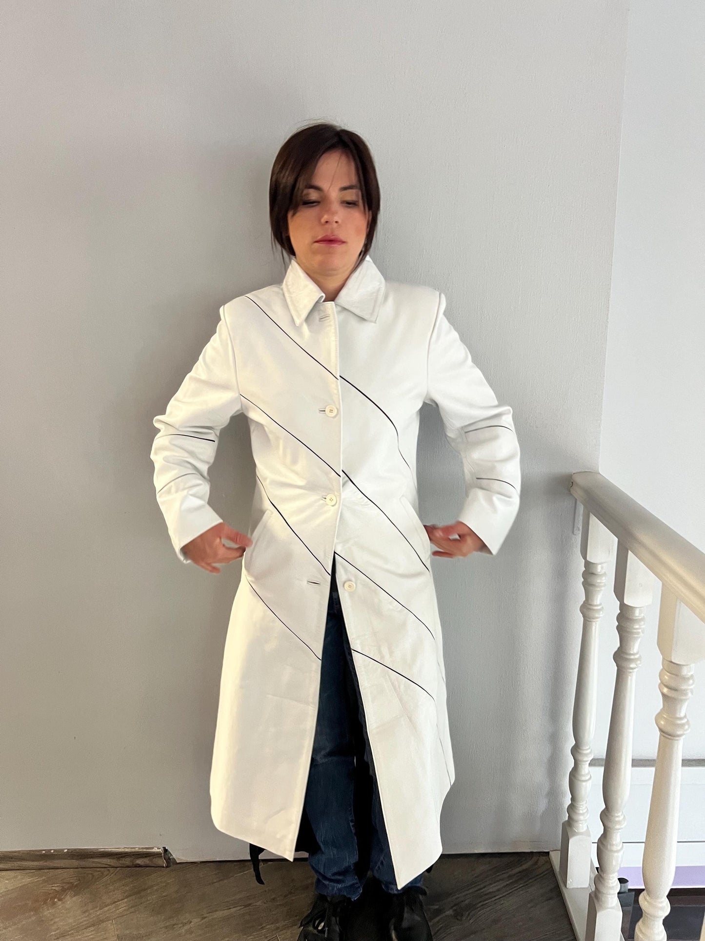Handmade Nappa Lambskin Leather Coat: White Fitted Silhouette, Made in Greece