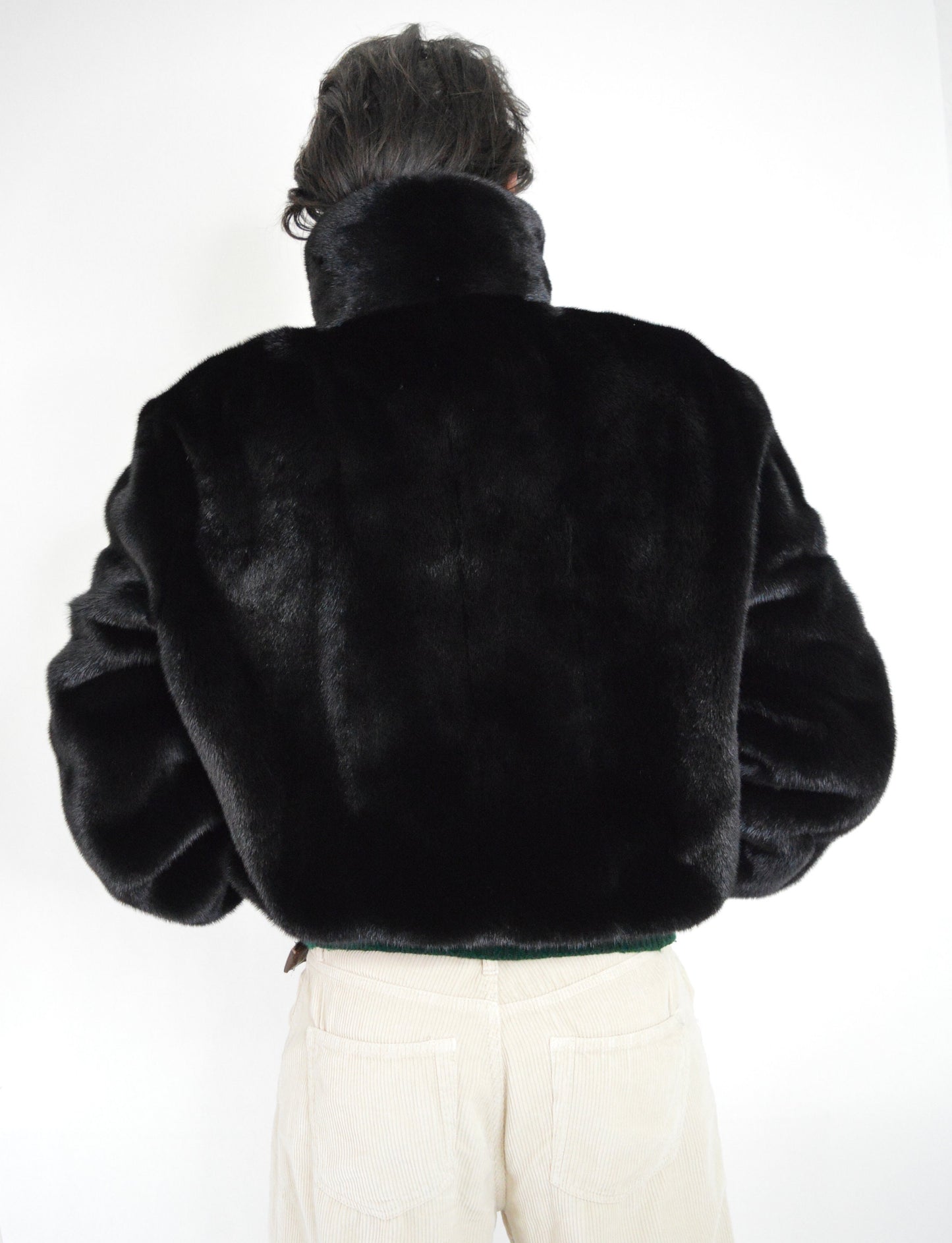 Velvet Mink Bomber Jacket: Black Saga velvet for men with Leather Details