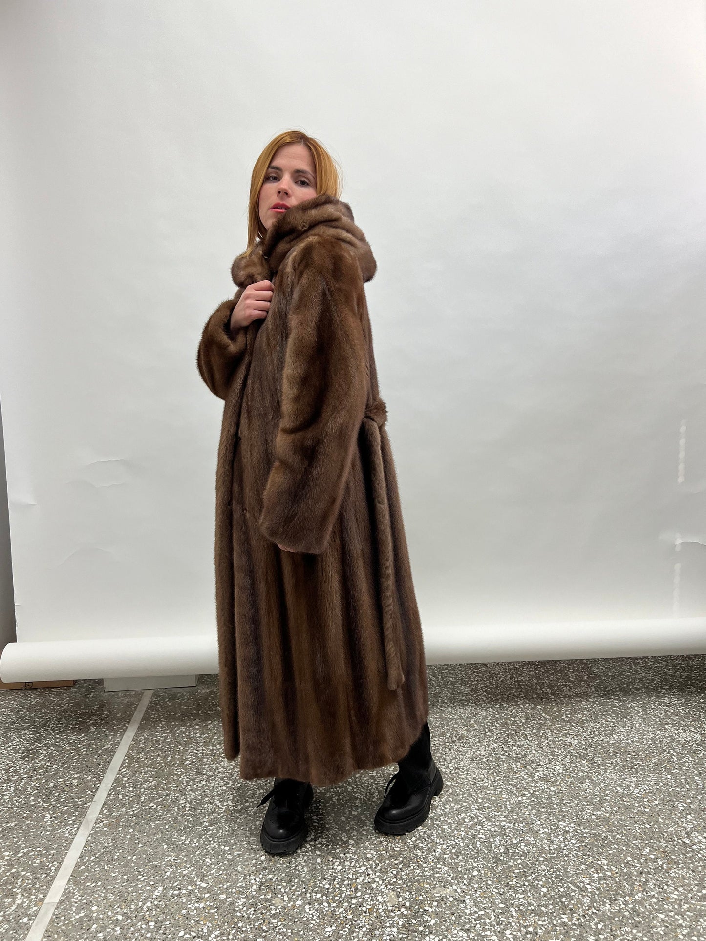 Handmade Brown Mink Fur Hooded Coat - Demi Buff Pelts, Made in Greece