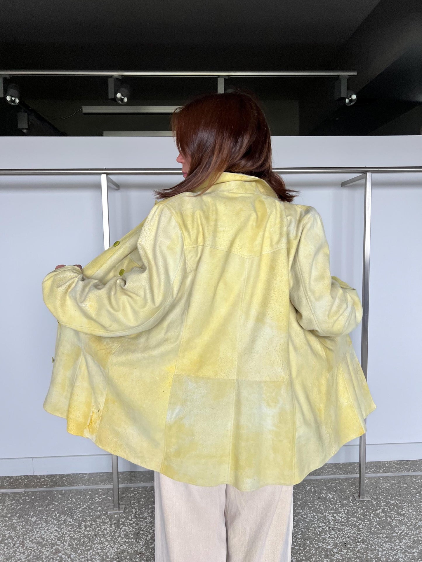 Lime suede leather distressed overshirt. Light genuinely leather: Handmade blazer with external pockets.